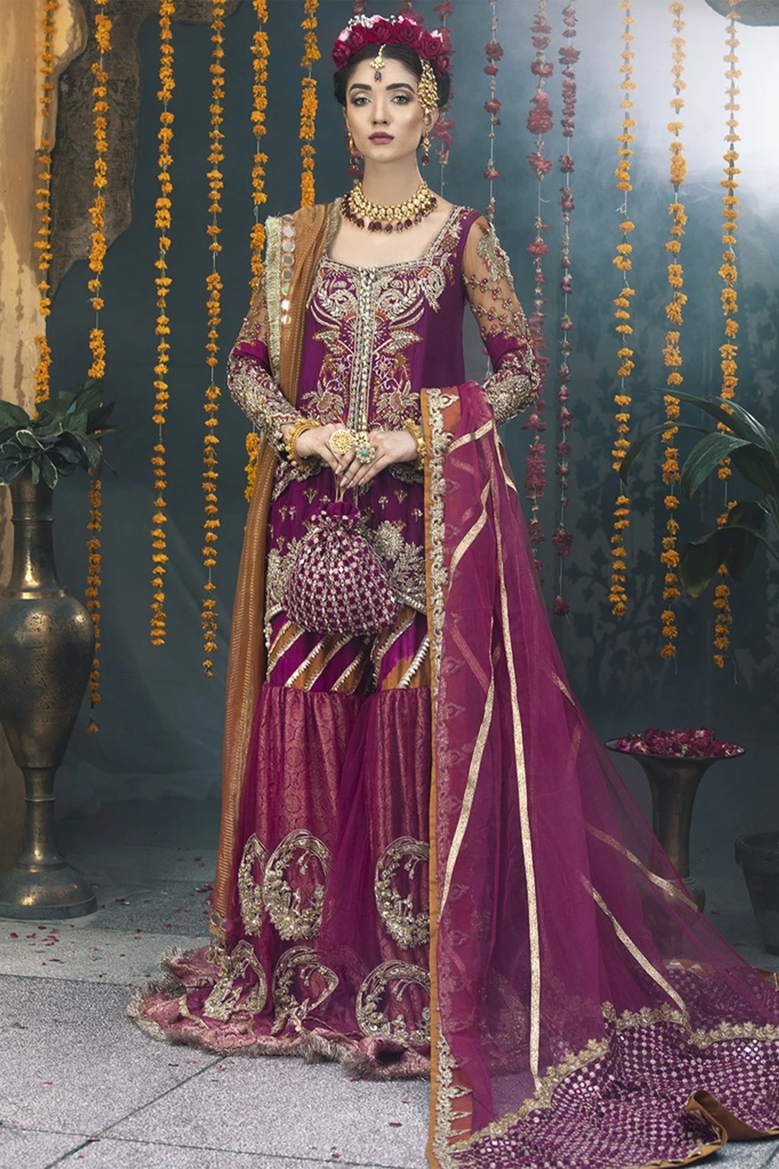 Magenta Zardozi Raw Silk Gharara Set (3-Piece) - Image 4