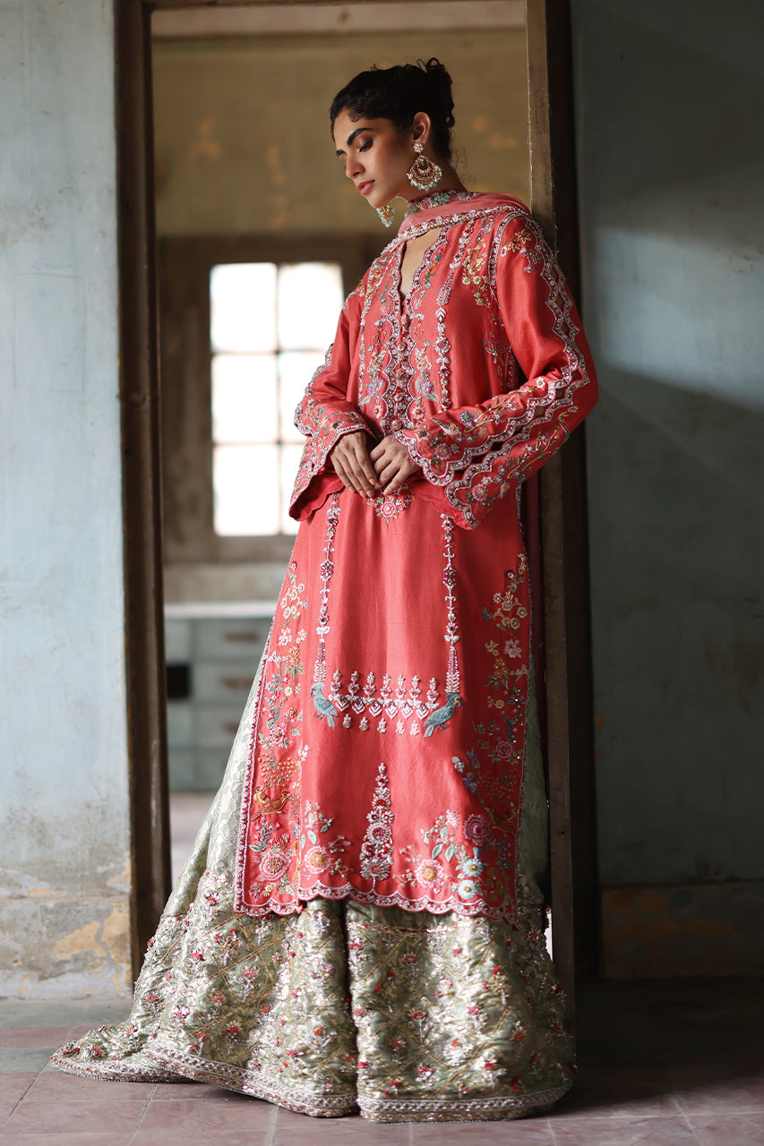 Fuchsia Zardozi Raw Silk Shirt with Mint Jamawar Gharara (3-Piece) - Image 1