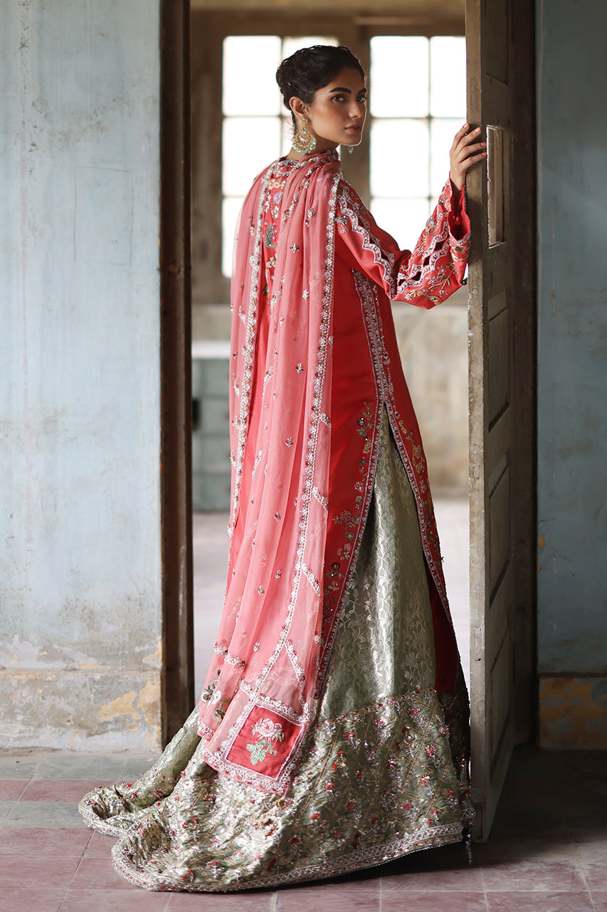 Fuchsia Zardozi Raw Silk Shirt with Mint Jamawar Gharara (3-Piece) - Image 3