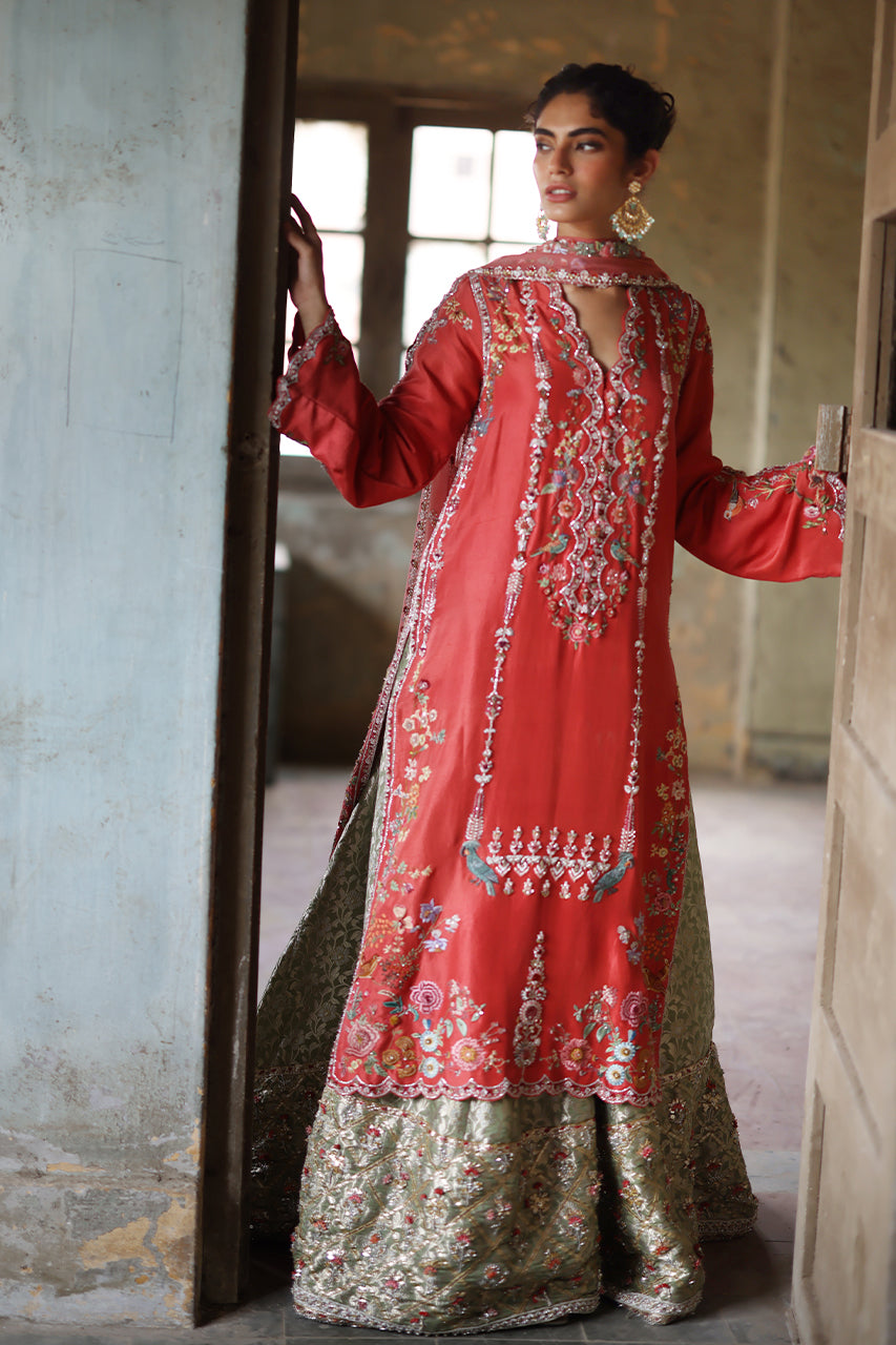 Fuchsia Zardozi Raw Silk Shirt with Mint Jamawar Gharara (3-Piece) - Image 5
