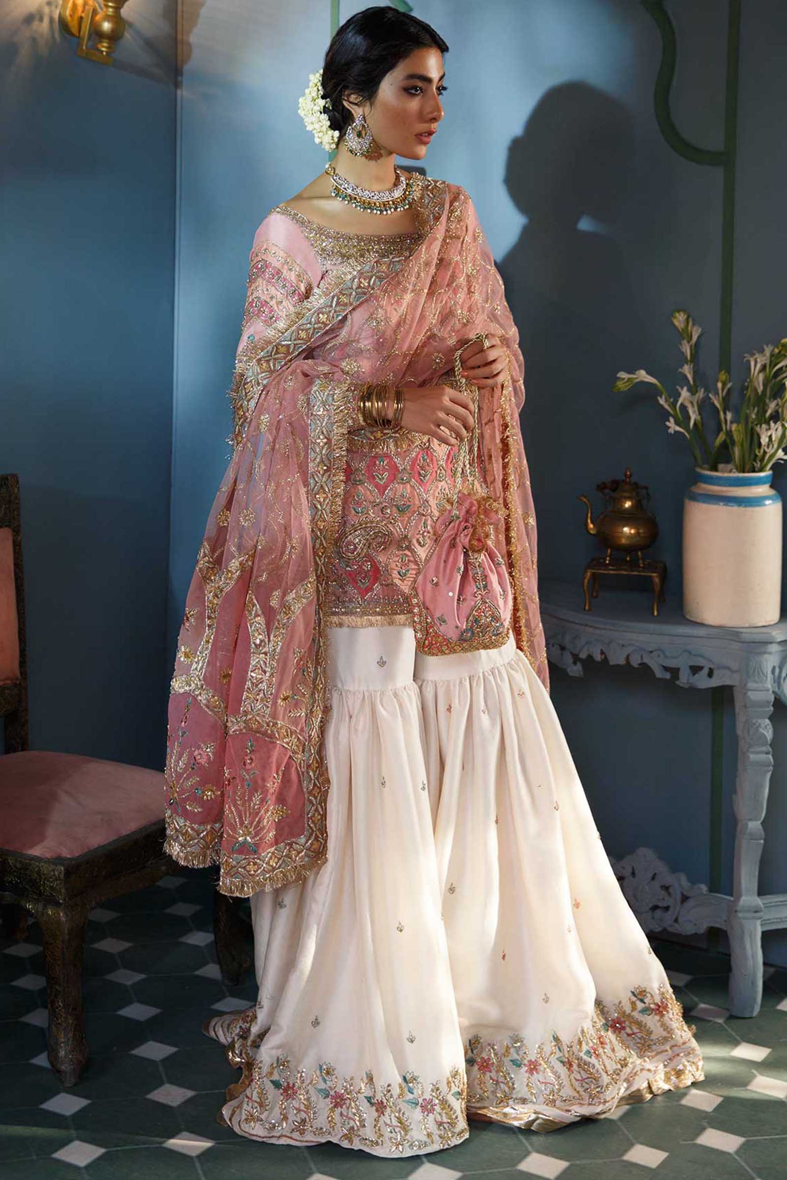 Pink Marori & Zardozi Raw Silk Gharara (3-Piece) - Image 1