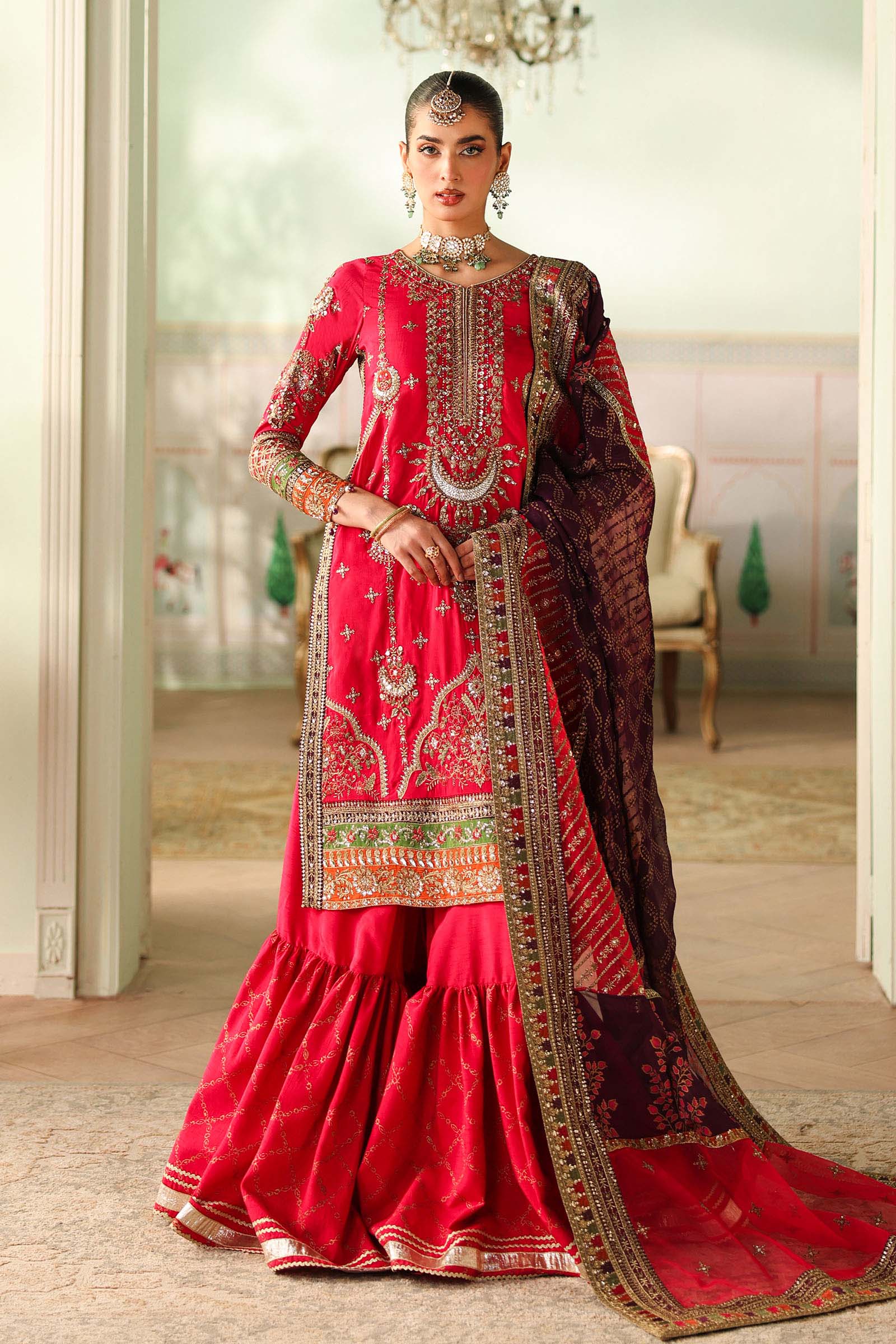 Pakistani Pink Embroidered Raw Silk Gharara Set (3-Piece) - Image 1
