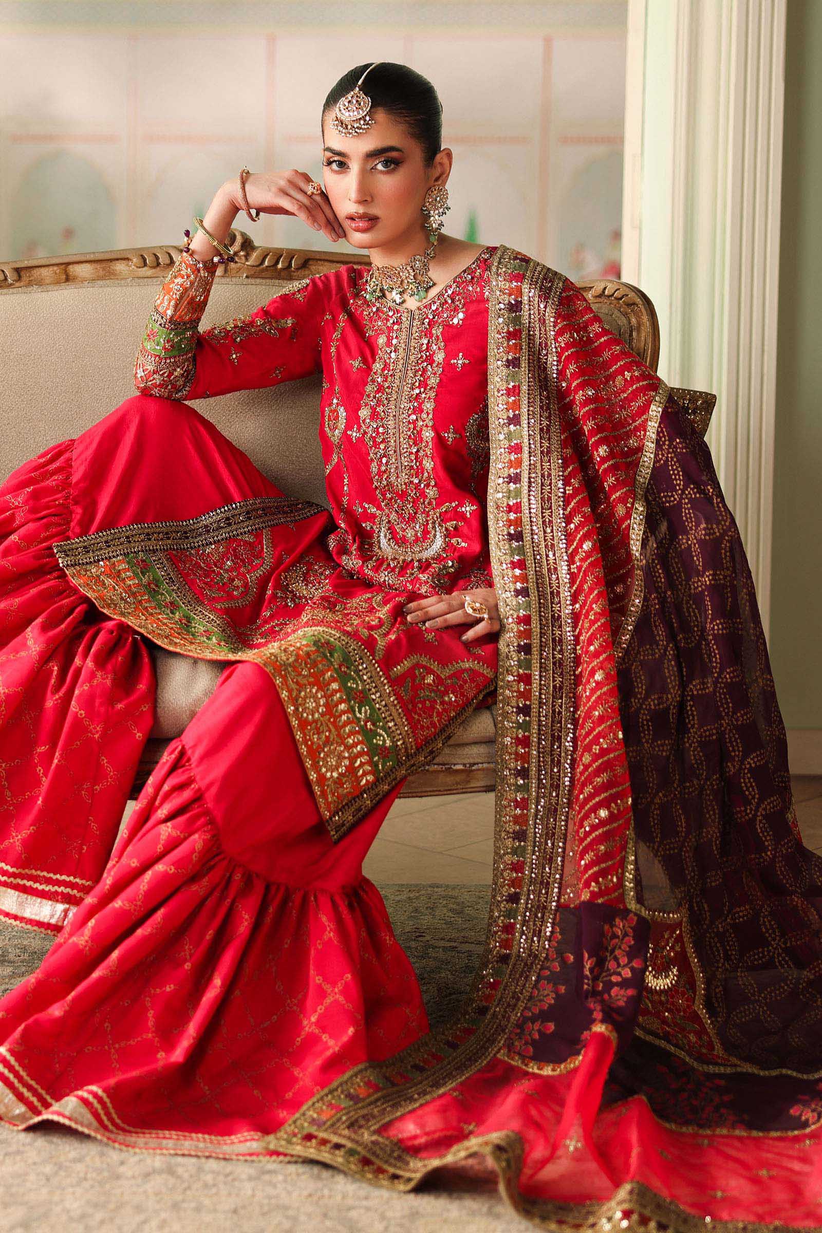 Pakistani Pink Embroidered Raw Silk Gharara Set (3-Piece) - Image 2