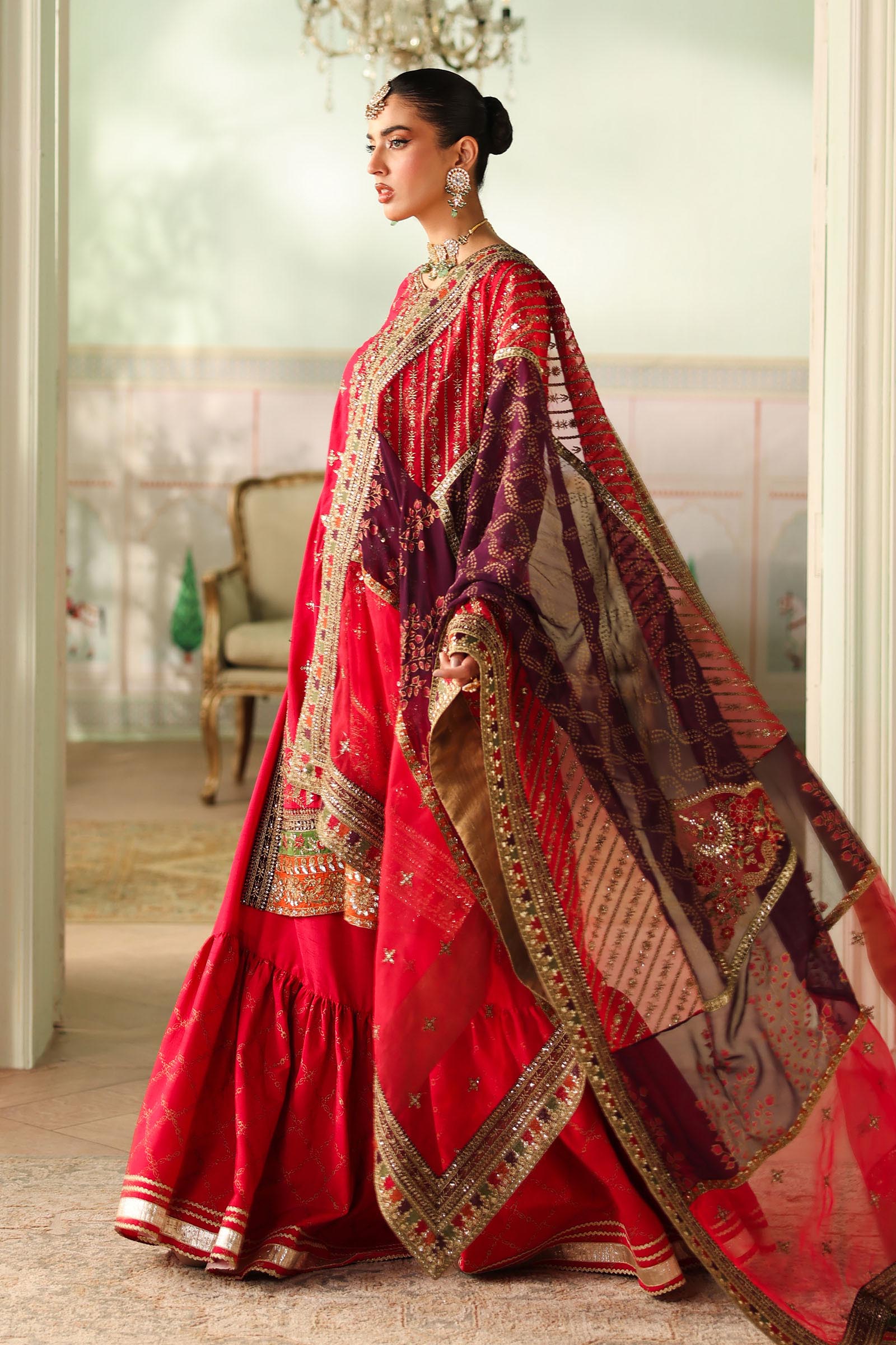 Pakistani Pink Embroidered Raw Silk Gharara Set (3-Piece) - Image 5