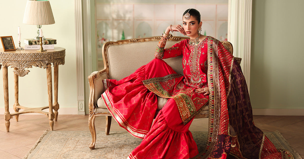 Pakistani Pink Embroidered Raw Silk Gharara Set (3-Piece) - Image 6