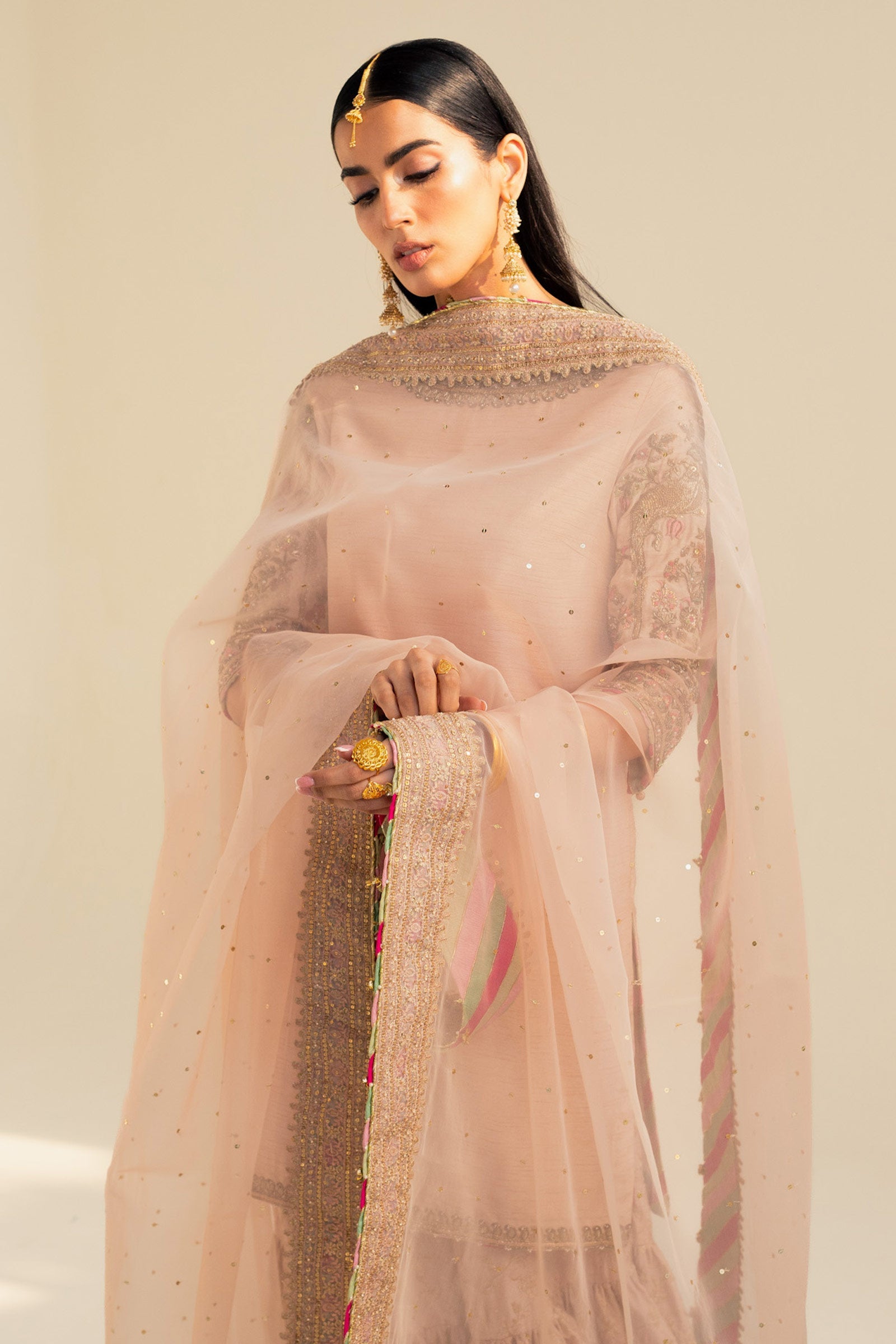 Pakistani Tea Pink Embroidered Raw Silk Gharara Set (3-Piece) - Image 1