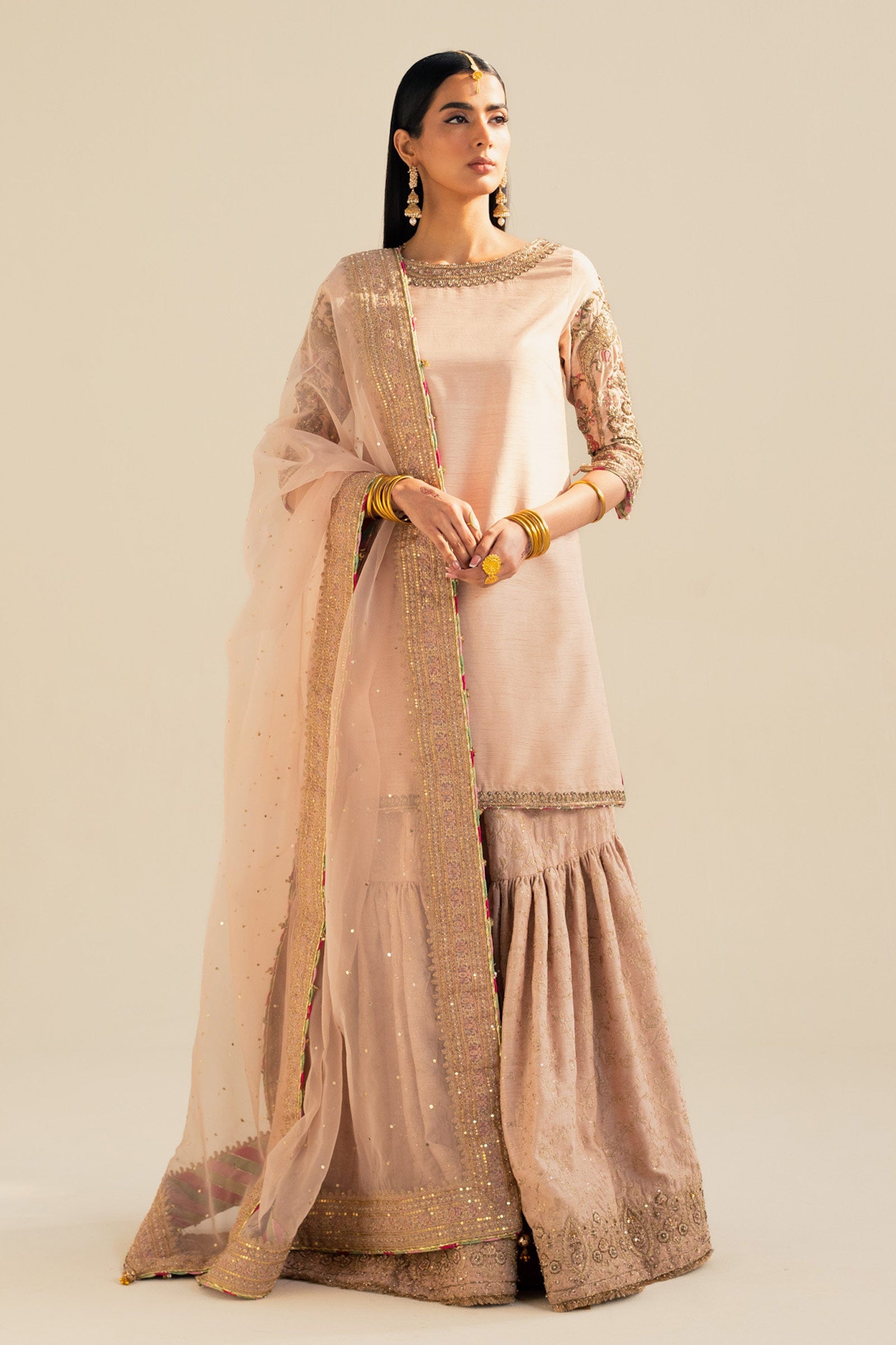 Pakistani Tea Pink Embroidered Raw Silk Gharara Set (3-Piece) - Image 2
