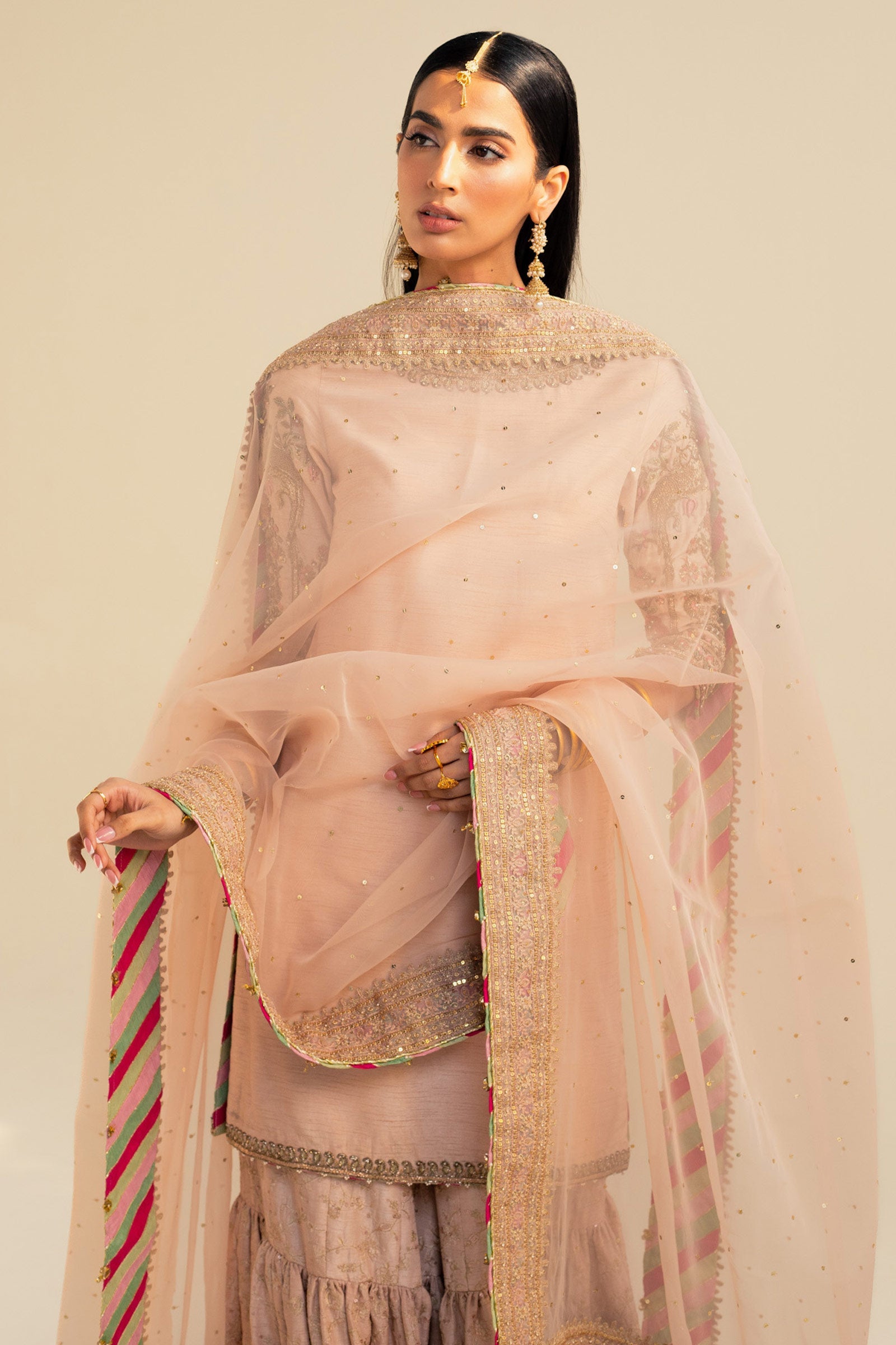 Pakistani Tea Pink Embroidered Raw Silk Gharara Set (3-Piece) - Image 3