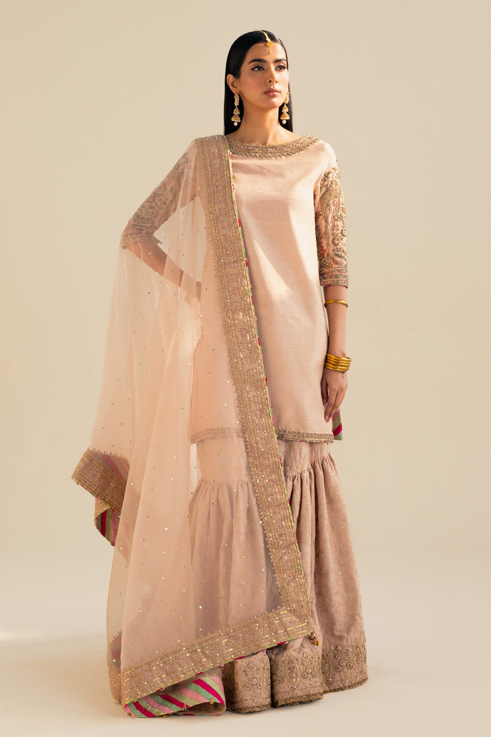 Pakistani Tea Pink Embroidered Raw Silk Gharara Set (3-Piece) - Image 4