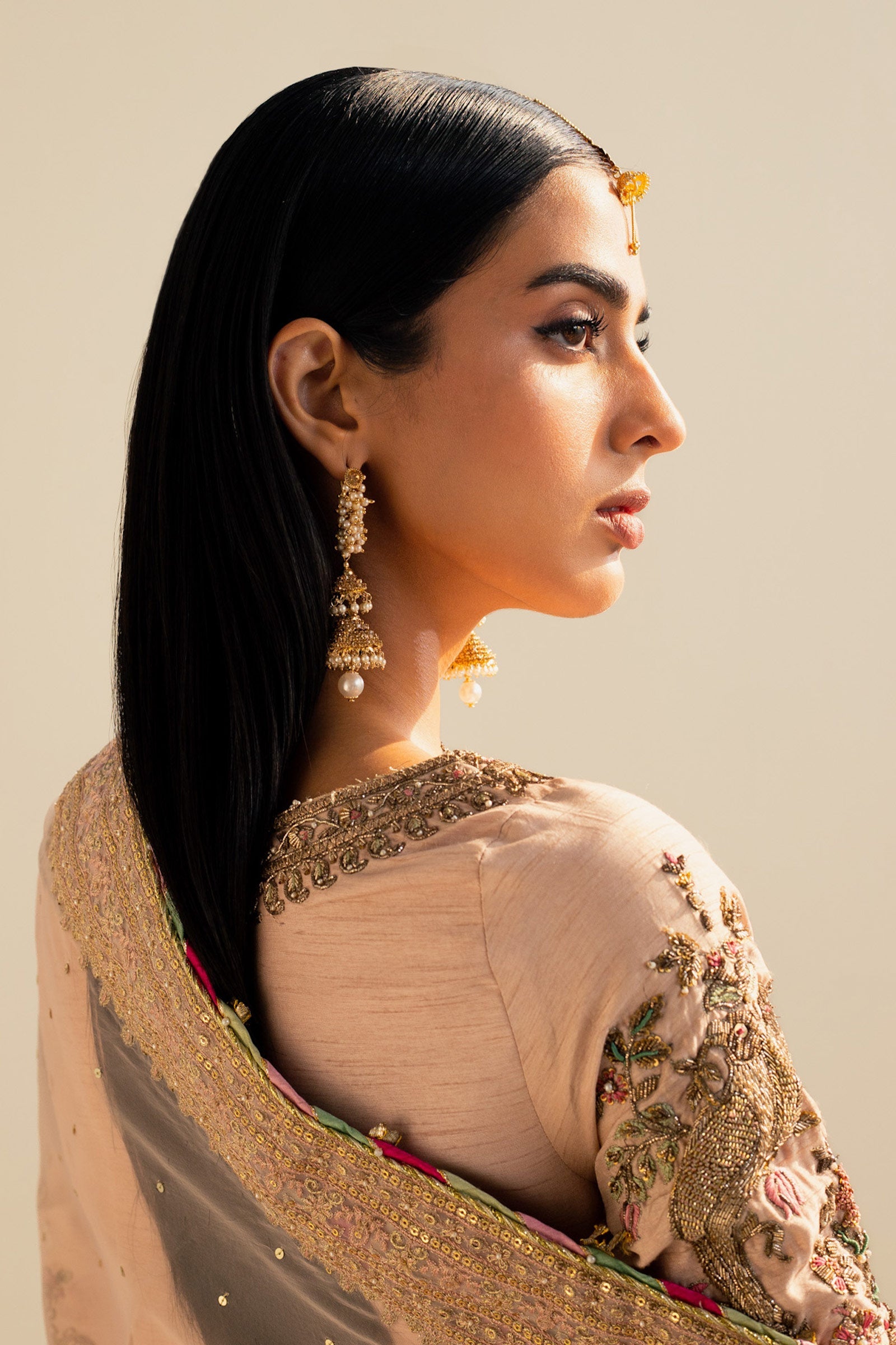 Pakistani Tea Pink Embroidered Raw Silk Gharara Set (3-Piece) - Image 6