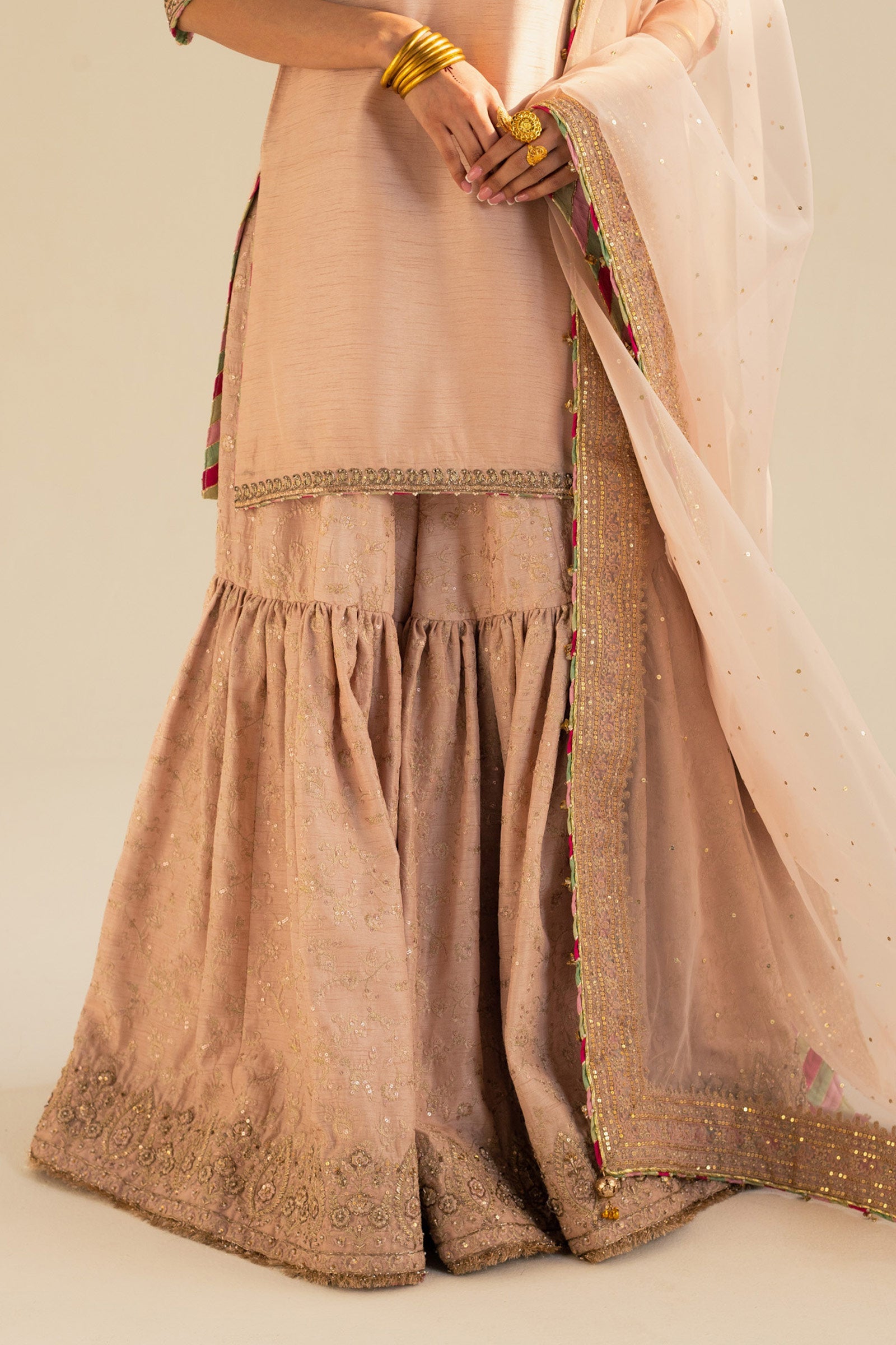 Pakistani Tea Pink Embroidered Raw Silk Gharara Set (3-Piece) - Image 7