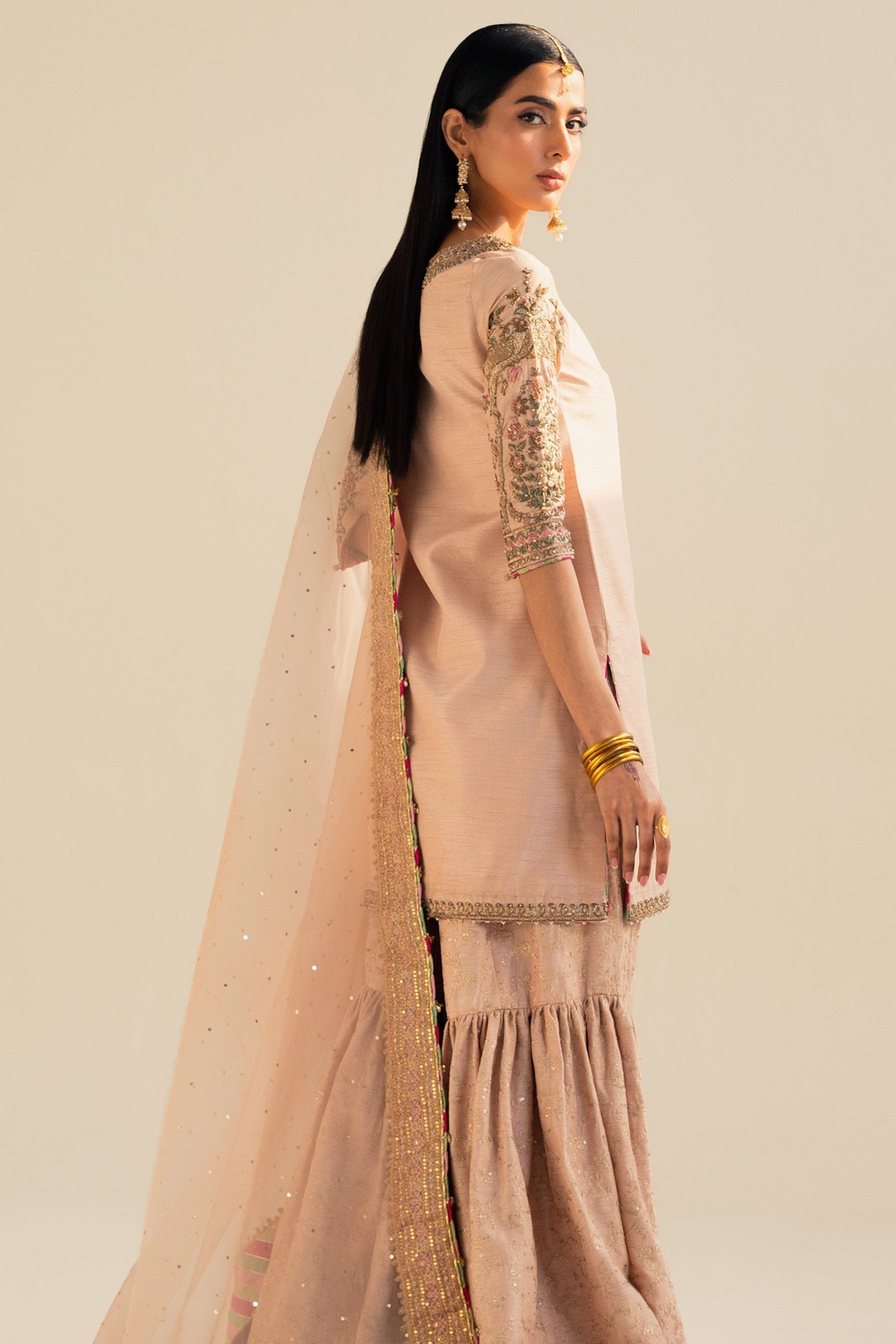 Pakistani Tea Pink Embroidered Raw Silk Gharara Set (3-Piece) - Image 8