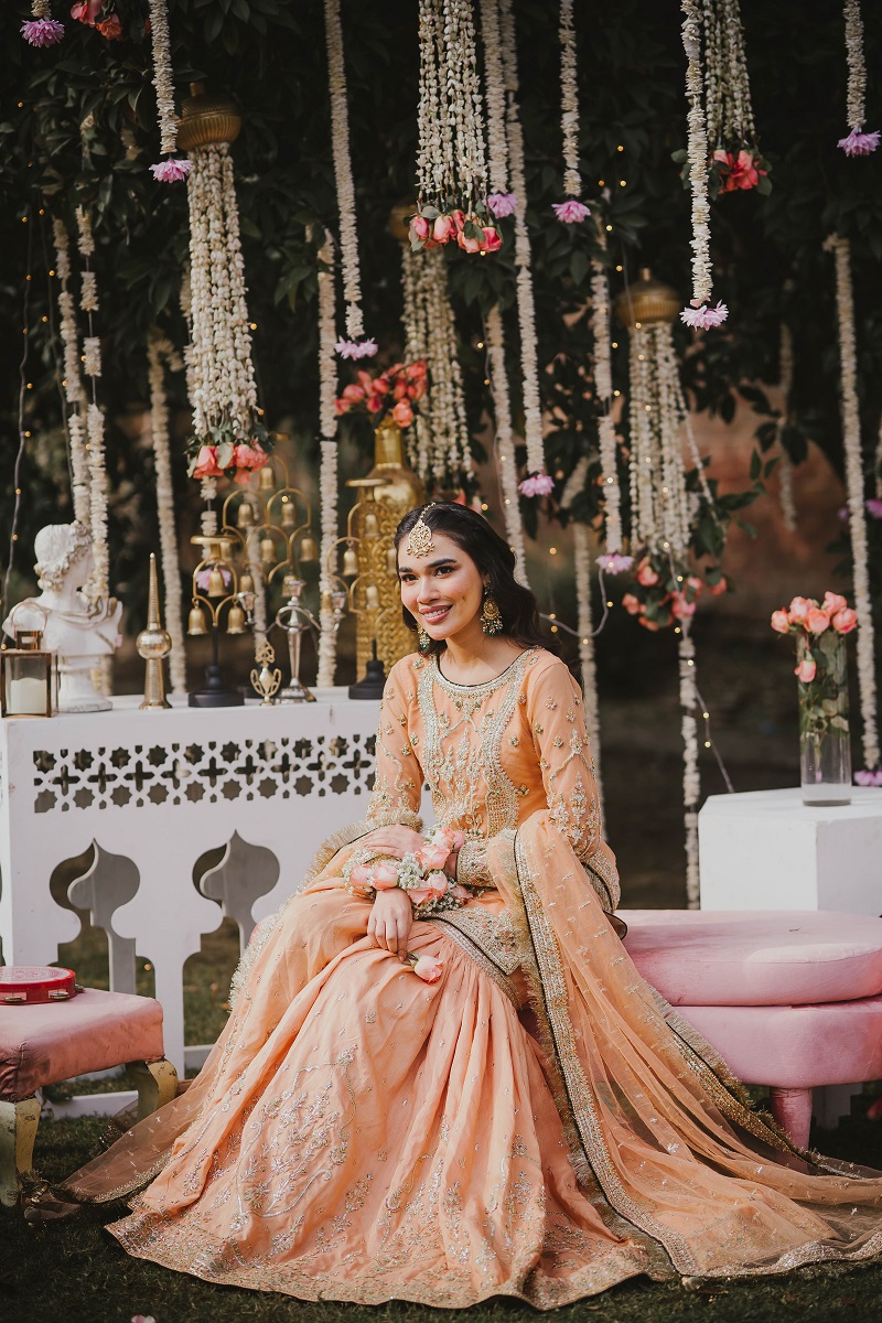 Peach Hand-Embellished Raw Silk Farshi Gharara (3-Piece) - Image 1