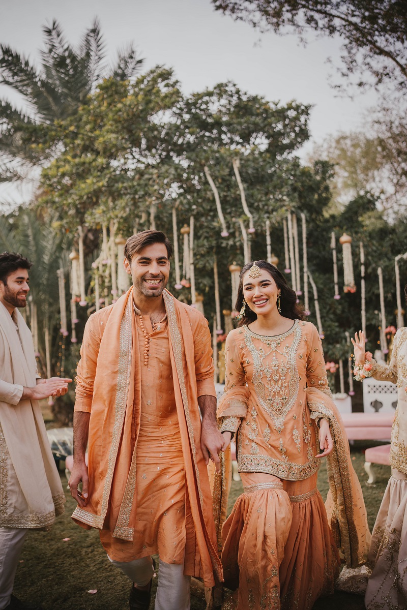 Peach Hand-Embellished Raw Silk Farshi Gharara (3-Piece) - Image 8