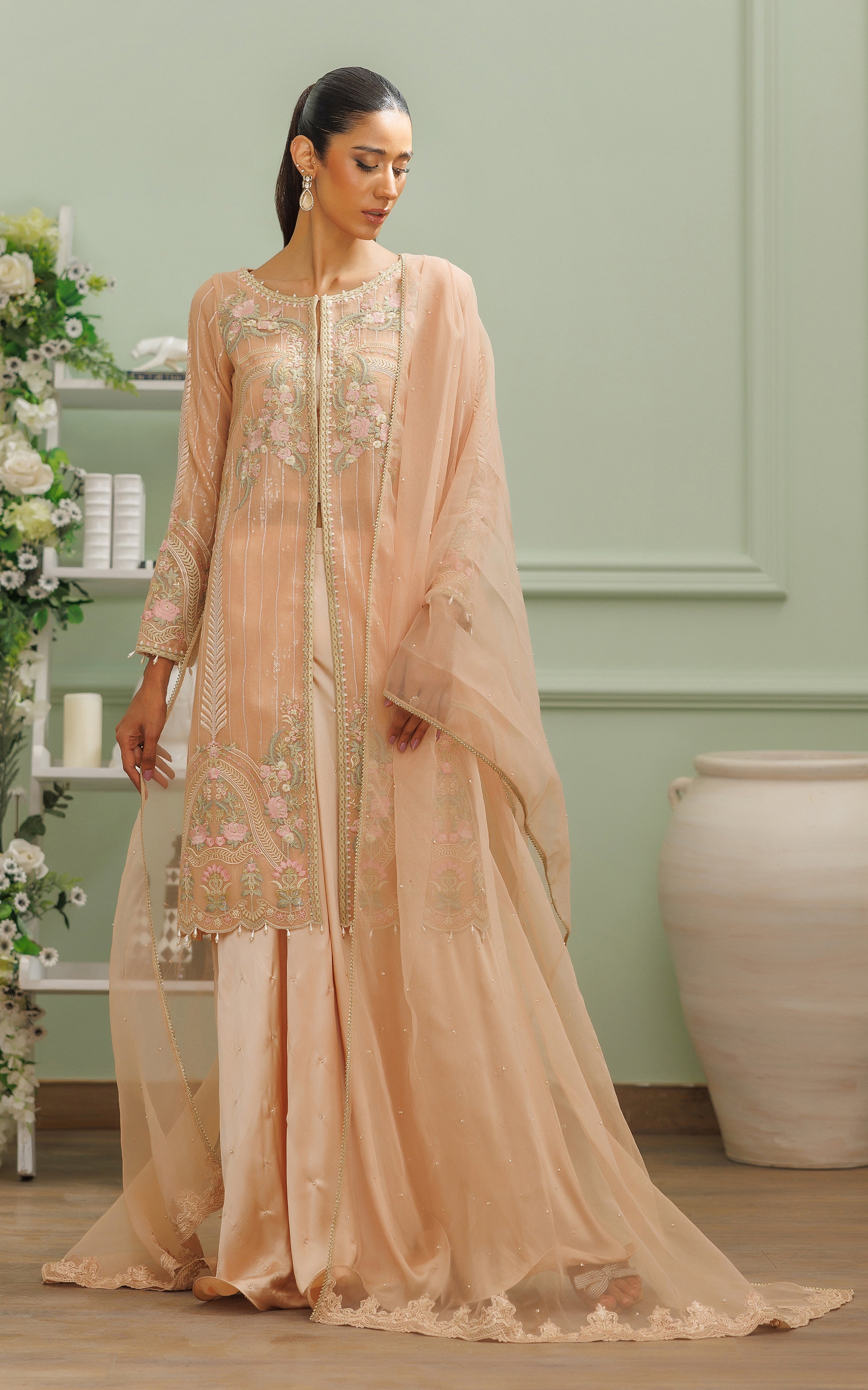 Peach Embroidered Satin-Silk Gharara Set (3-Piece) - Image 1