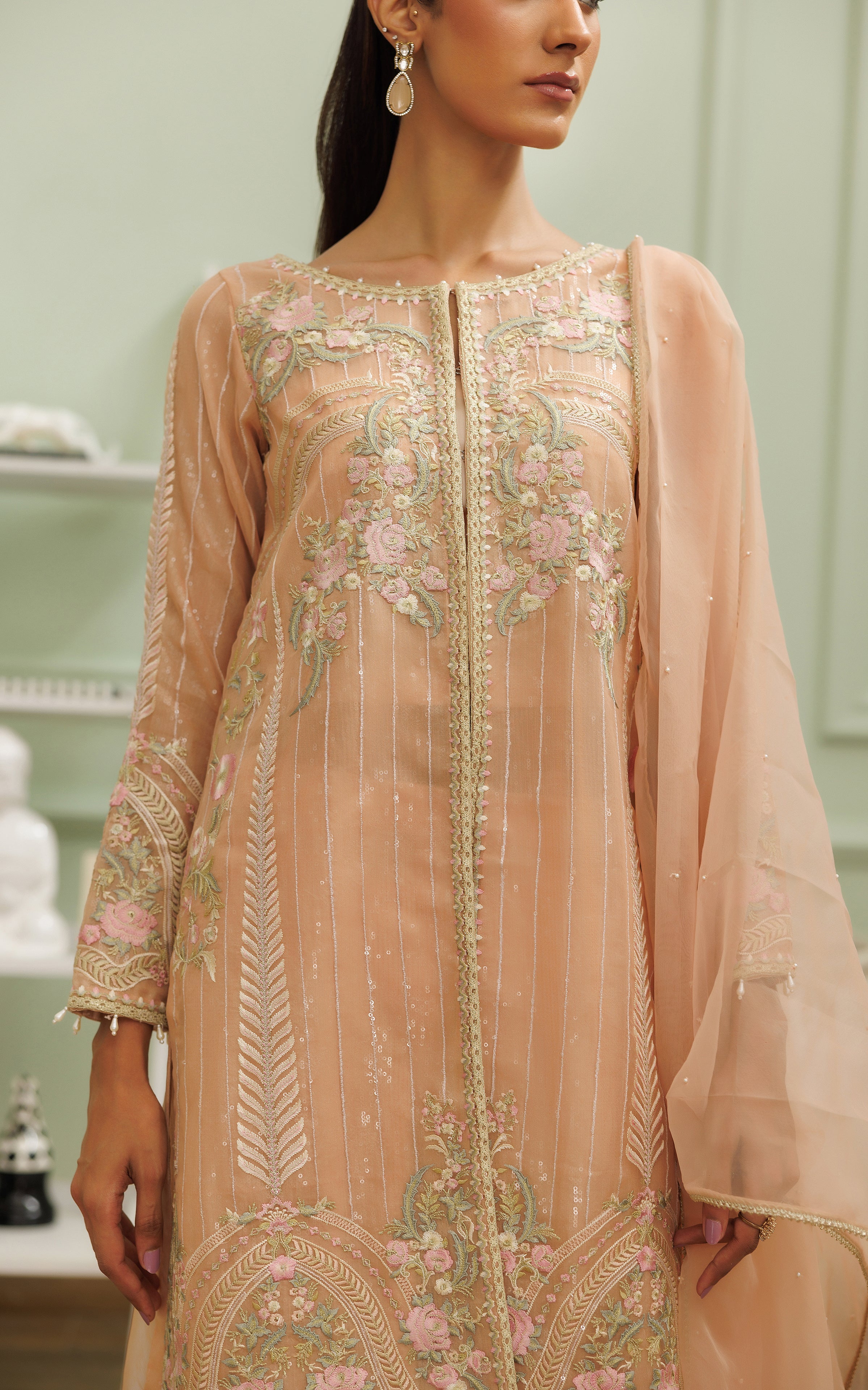 Peach Embroidered Satin-Silk Gharara Set (3-Piece) - Image 2