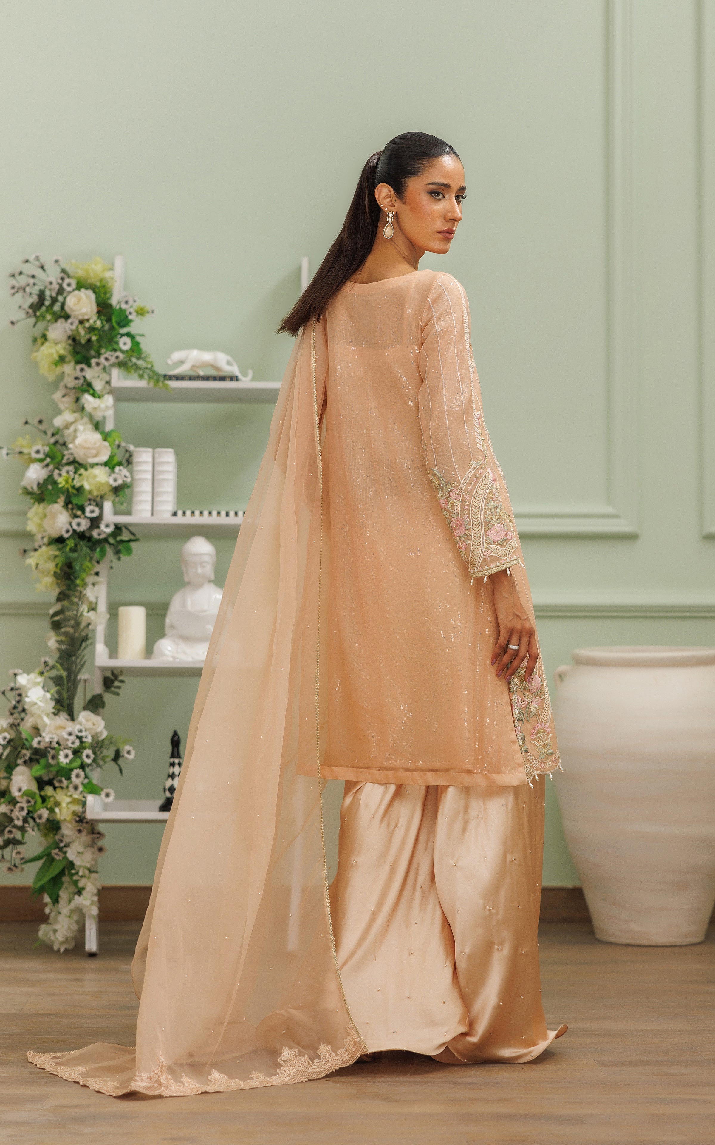 Peach Embroidered Satin-Silk Gharara Set (3-Piece) - Image 3