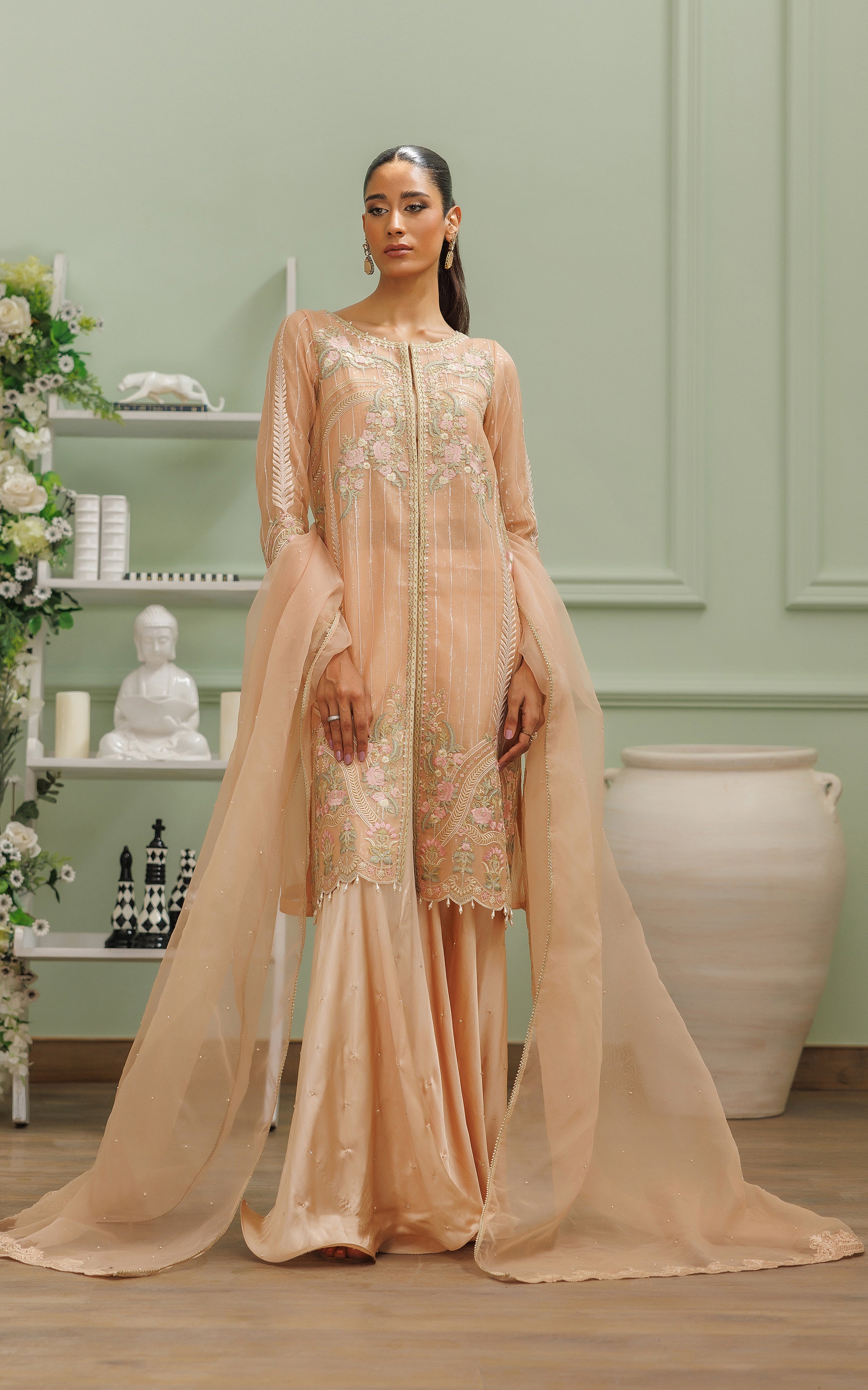 Peach Embroidered Satin-Silk Gharara Set (3-Piece) - Image 4