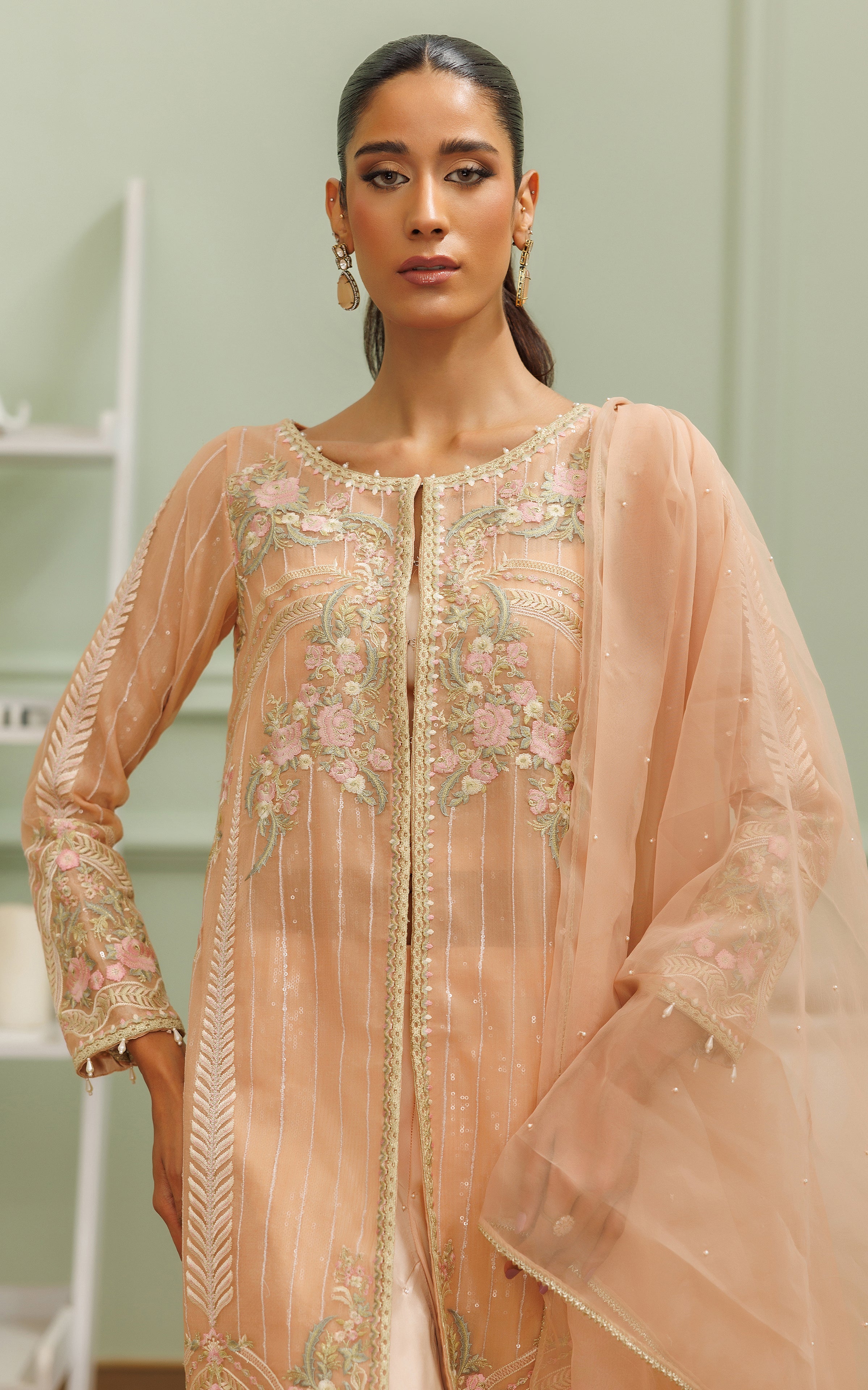 Peach Embroidered Satin-Silk Gharara Set (3-Piece) - Image 5