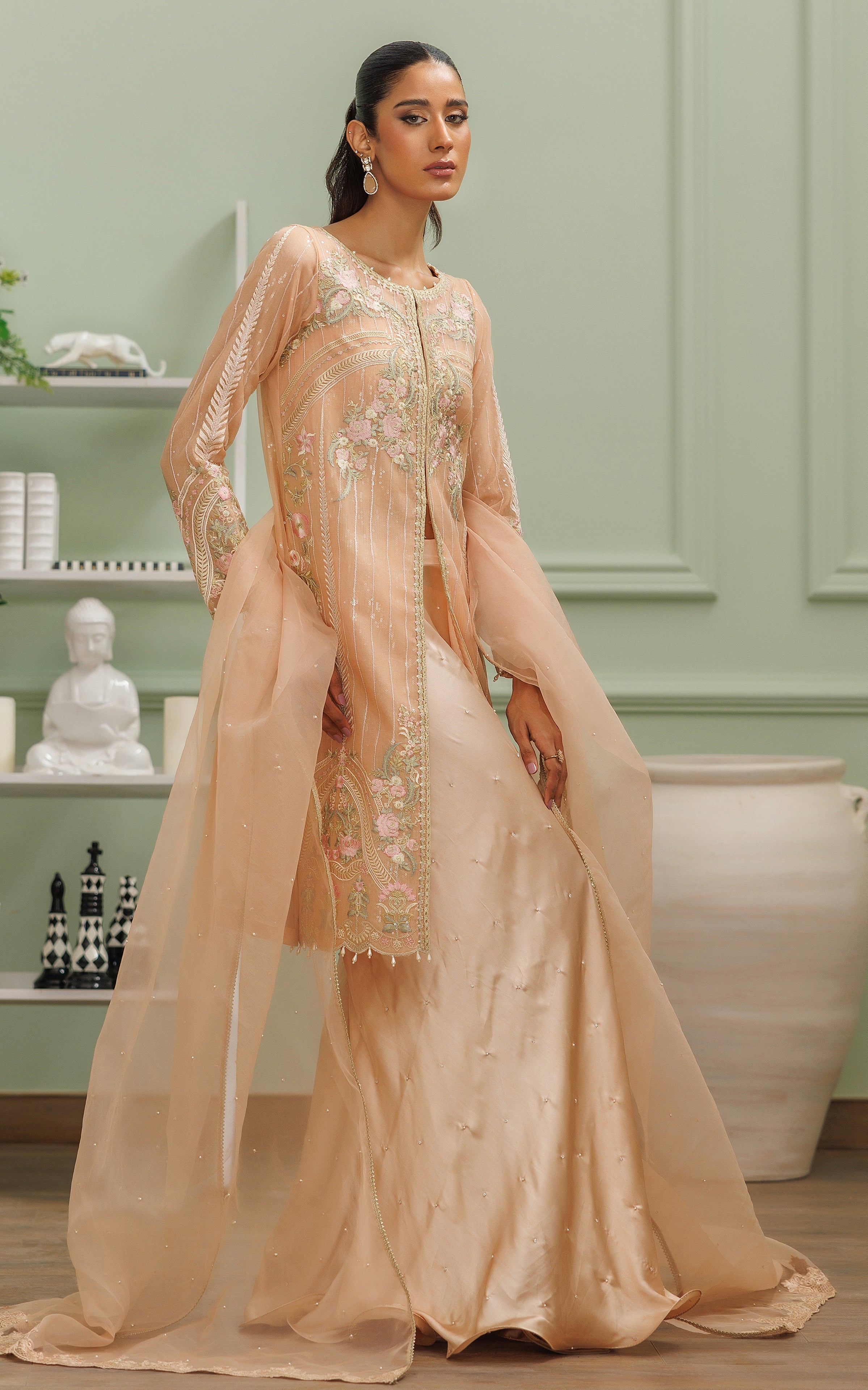 Peach Embroidered Satin-Silk Gharara Set (3-Piece) - Image 6