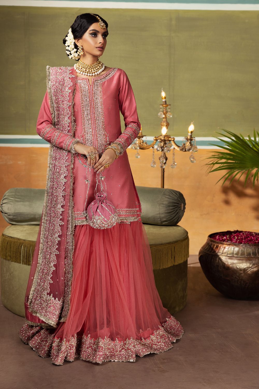 Tea Pink Embroidered Silk-Blend Gharara Set (3-Piece) - Image 1