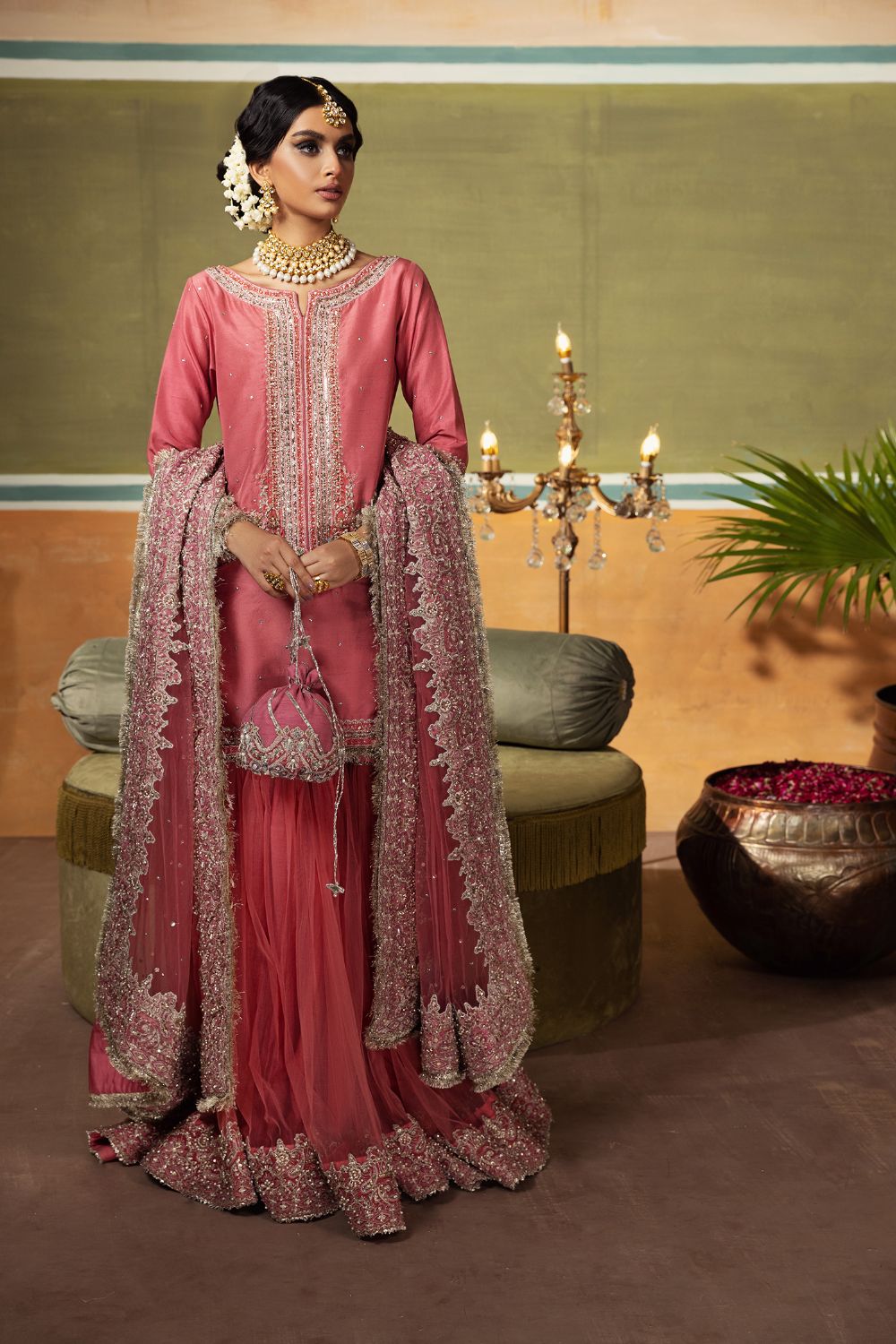Tea Pink Embroidered Silk-Blend Gharara Set (3-Piece) - Image 2