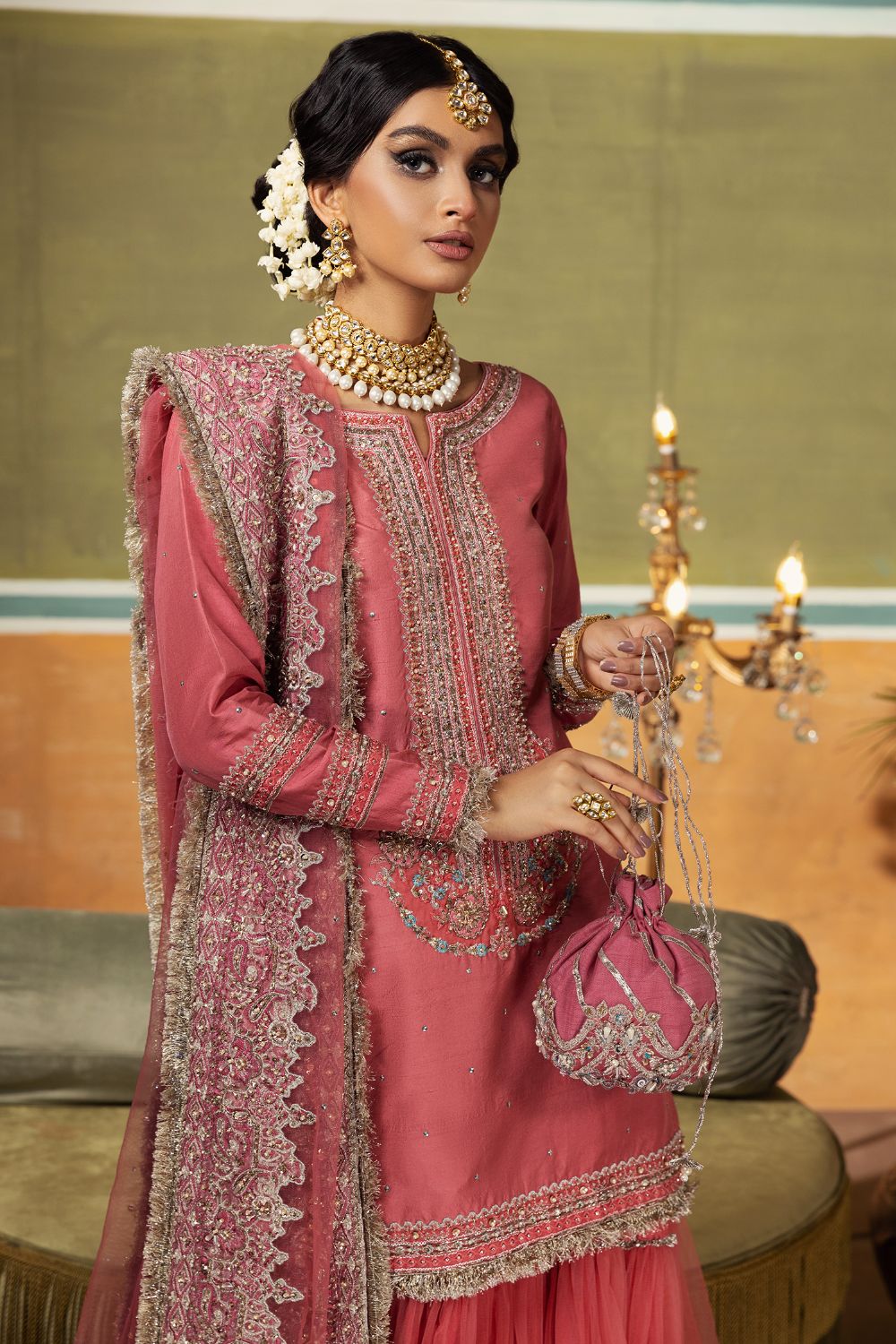 Tea Pink Embroidered Silk-Blend Gharara Set (3-Piece) - Image 3
