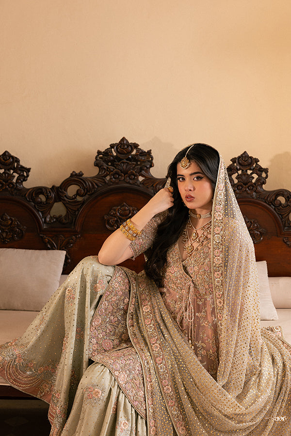 Indian Salmon Pink Embroidered Silk-Blend Angrakha Gharara (3-Piece) - Image 1