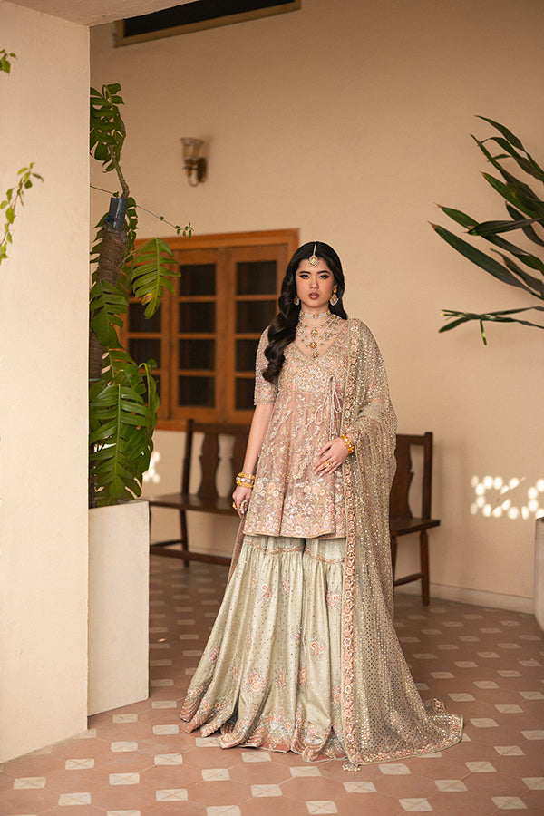 Indian Salmon Pink Embroidered Silk-Blend Angrakha Gharara (3-Piece) - Image 3