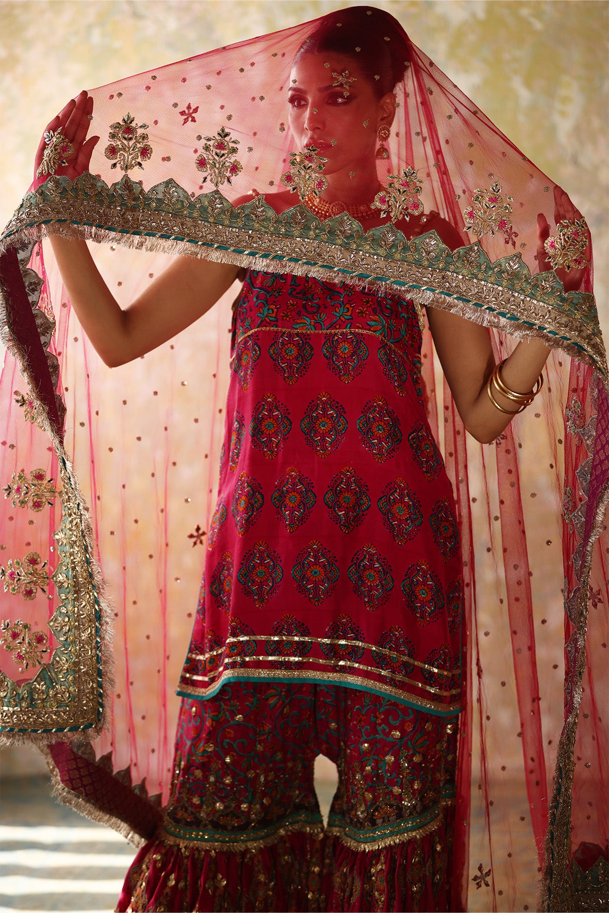 Pakistani Hot Pink Embroidered Net Mukesh Gharara Set (3-Piece) - Image 1