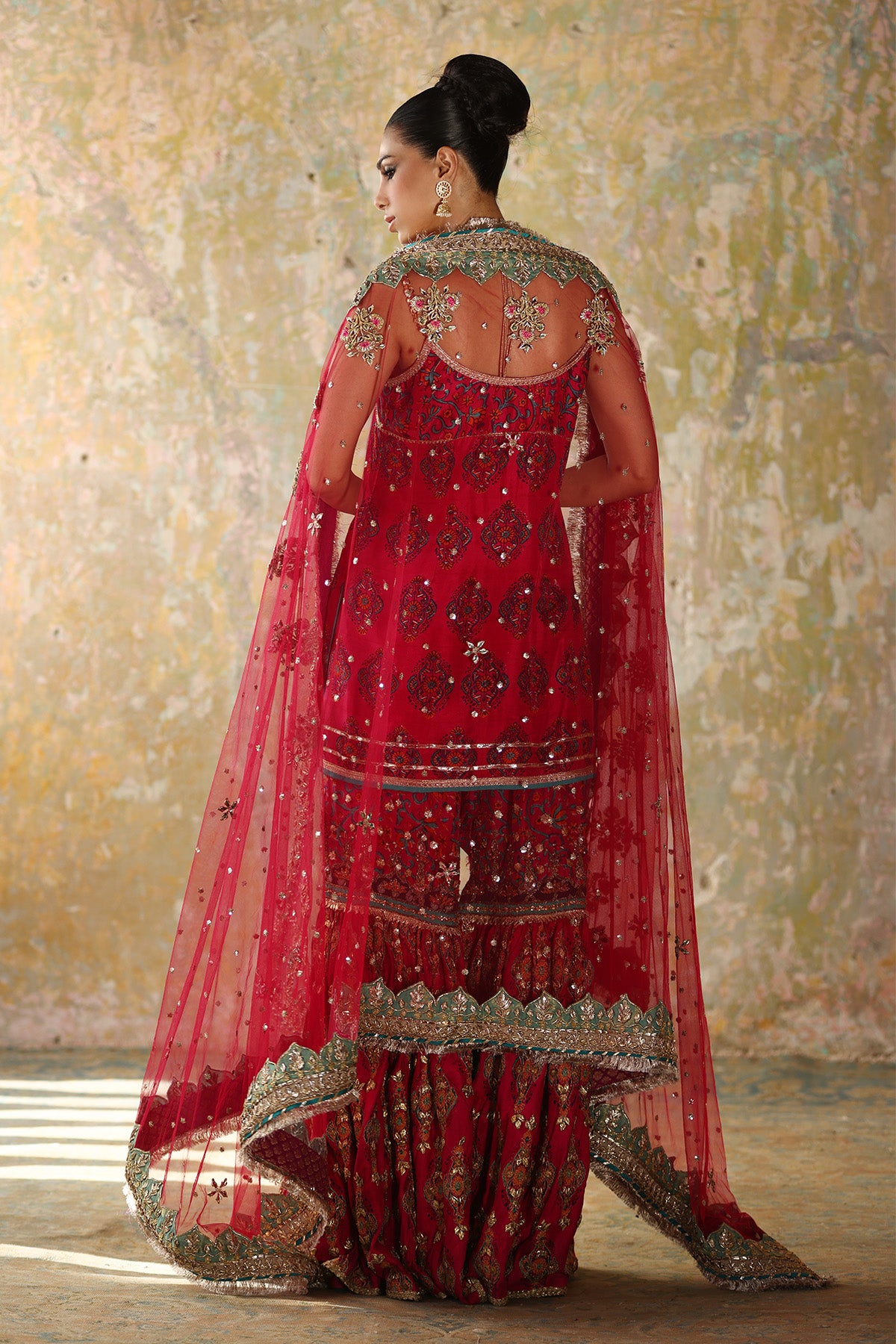 Pakistani Hot Pink Embroidered Net Mukesh Gharara Set (3-Piece) - Image 2