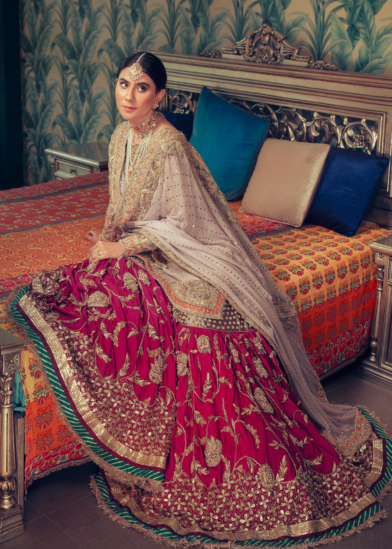 Deep Pink Lavender Embroidered Silk Gharara Set (3-Piece) - Image 1