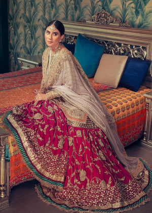 Deep Pink Lavender Embroidered Silk Gharara Set (3-Piece) - Image 2