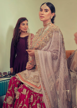 Deep Pink Lavender Embroidered Silk Gharara Set (3-Piece) - Image 6