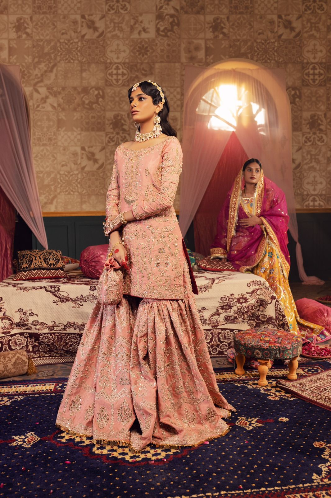 Rose Pink Embellished Silk Bridal Gharara (3-Piece) - Image 1