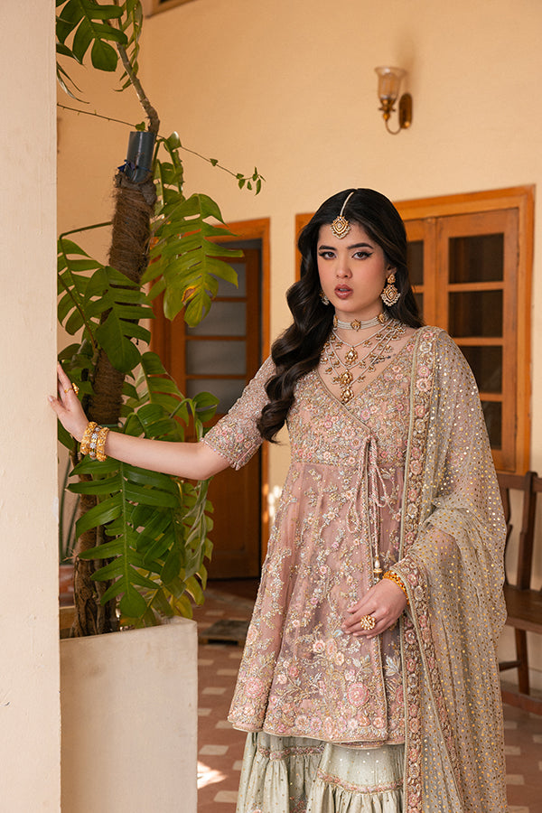 Salmon Pink Embroidered Silk Angrakha Gharara (3-Piece) - Image 3