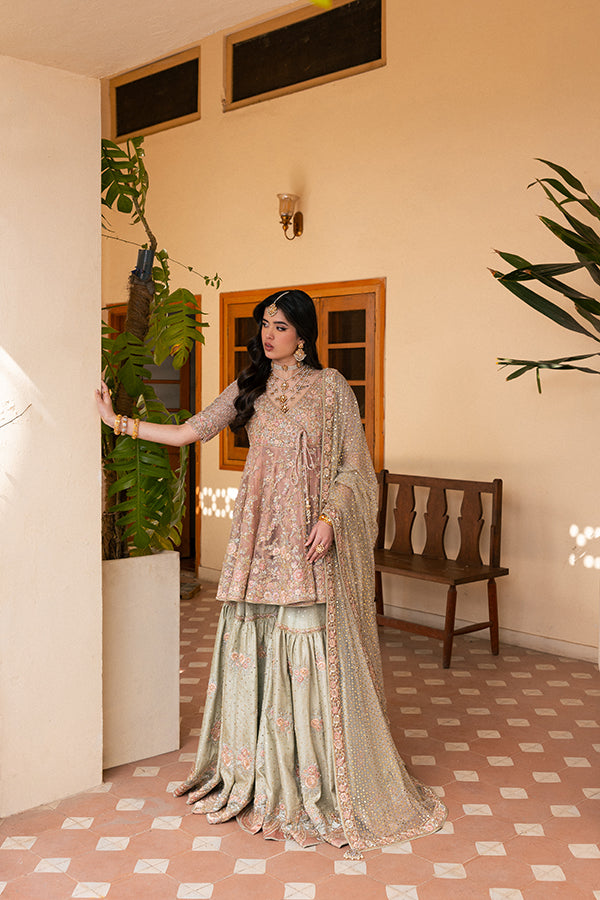 Salmon Pink Embroidered Silk Angrakha Gharara (3-Piece) - Image 4