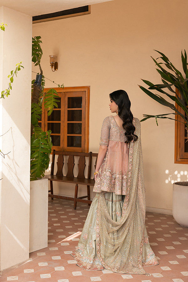Salmon Pink Embroidered Silk Angrakha Gharara (3-Piece) - Image 7