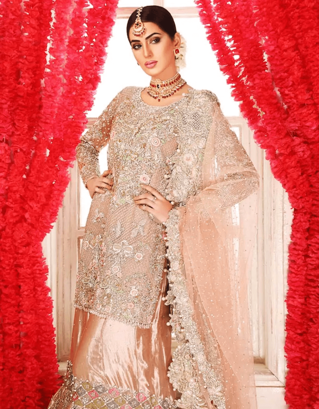 Pakistani Peach Embellished Silk Gharara Set (3-Piece) - Image 3