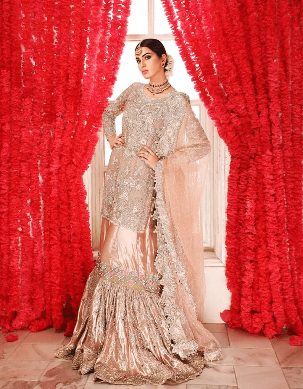Peach Embellished Silk Gharara Set (3-Piece) - Image 1