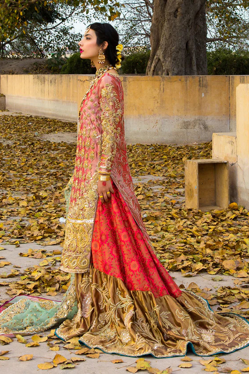 Coral Embroidered Tissue & Silk Farshi Dhaka Gharara (3-Piece) - Image 2