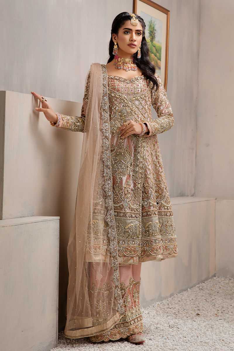 Pakistani Peach Embellished Silk Gharara Set (3-Piece) - Image 1