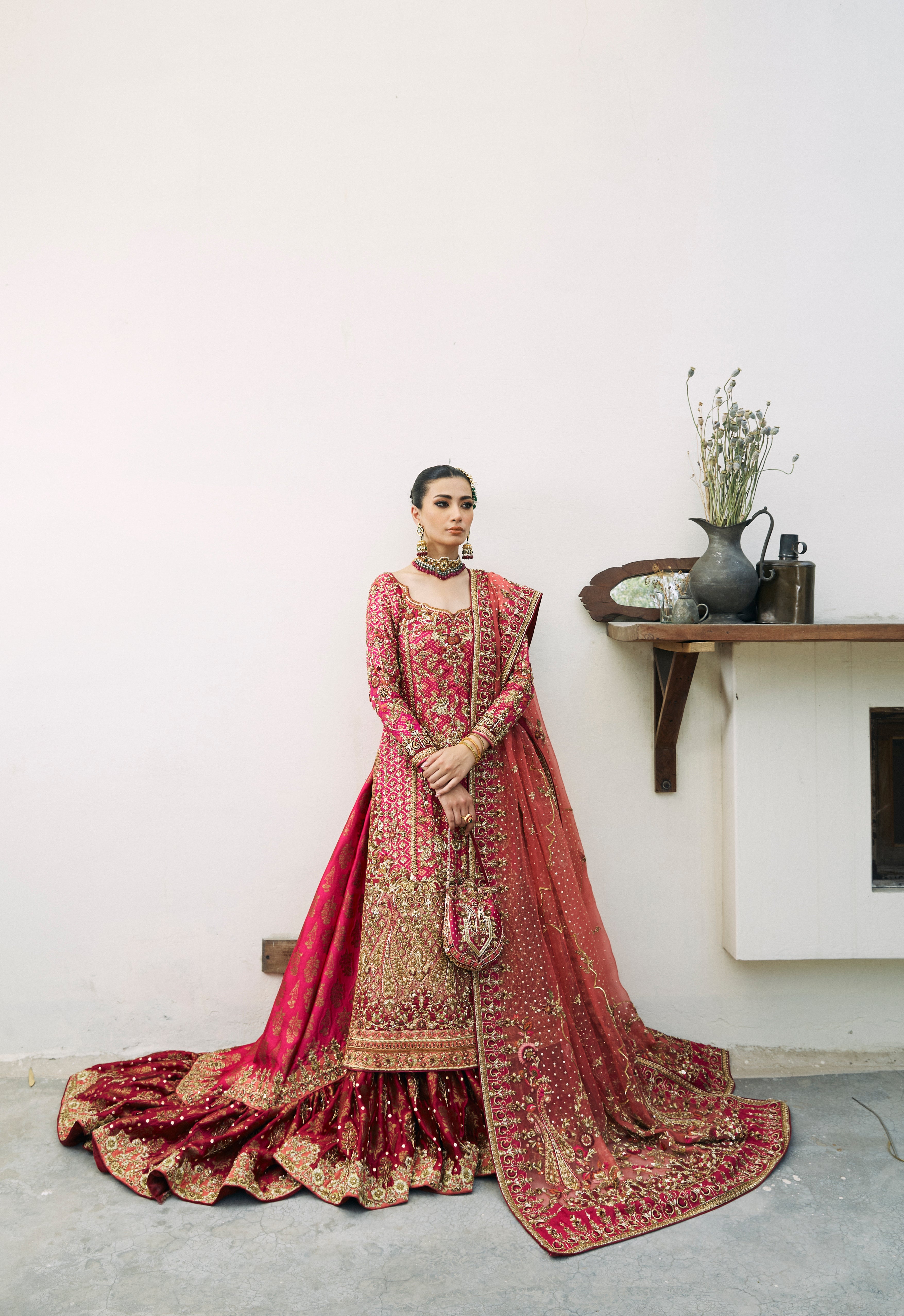 Coral & Bougainvillea Pink Silk Farshi Gharara (3-Piece) - Image 1