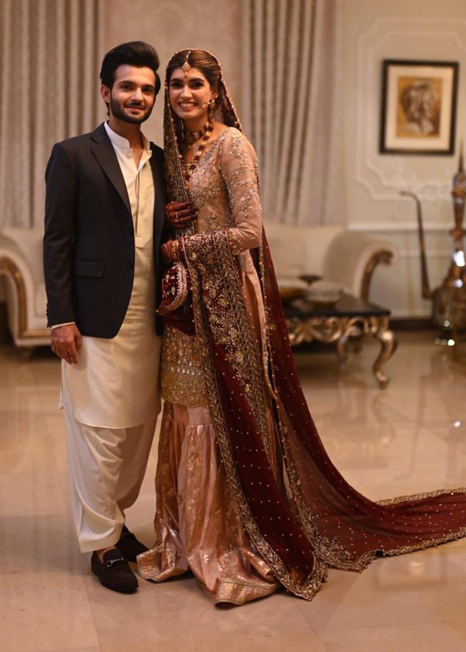 Pakistani Blush Pink & Maroon Embroidered Silk Bridal Gharara (3-Piece) - Image 1