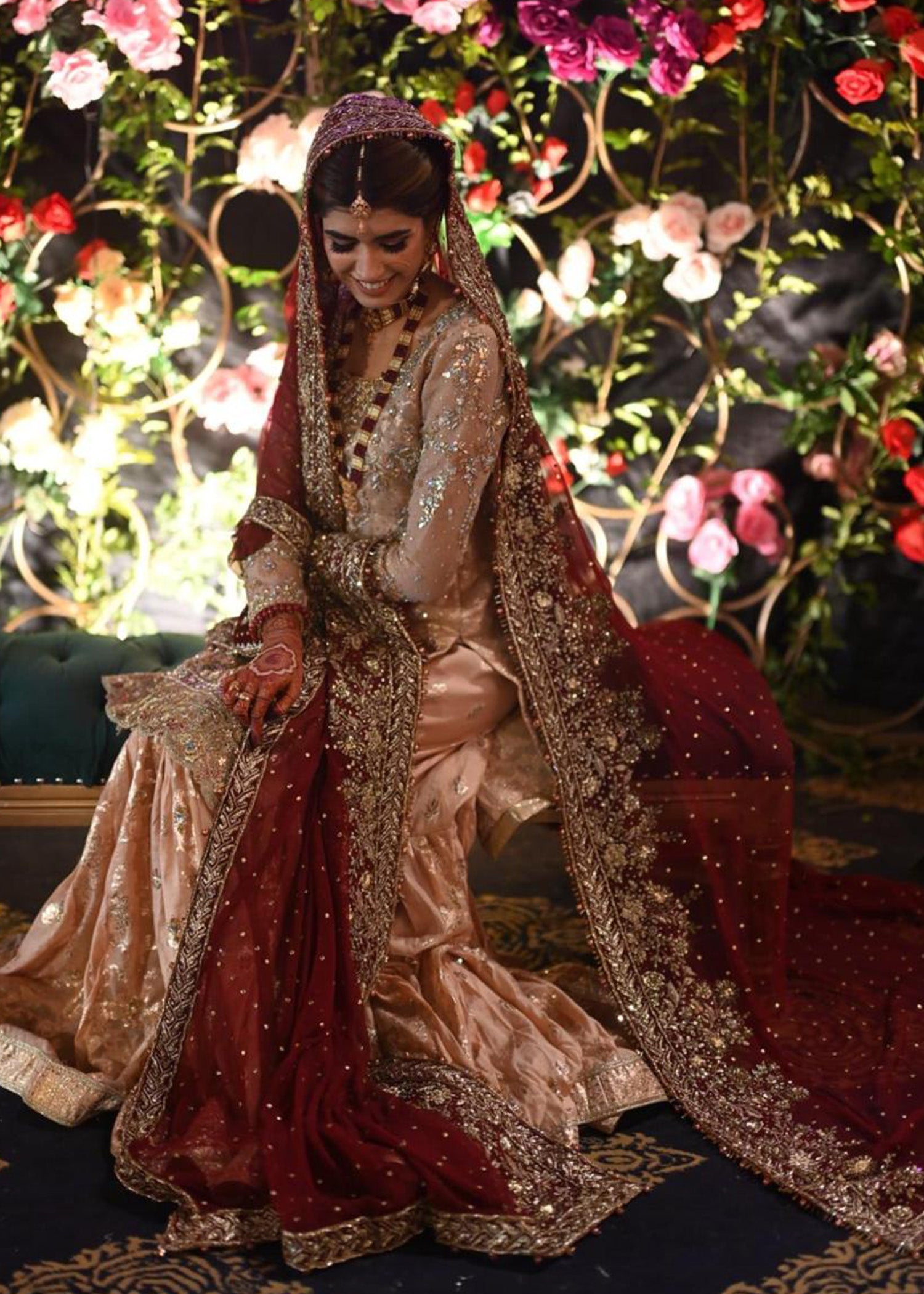 Pakistani Blush Pink & Maroon Embroidered Silk Bridal Gharara (3-Piece) - Image 2