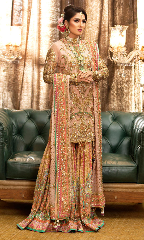 Pakistani Pastel Pink Zardozi Silk Gharara (3-Piece) - Image 5