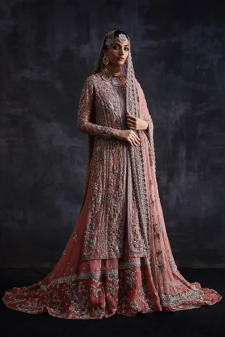 Pakistani Powder Pink Zardozi Tissue & Net Farshi Gharara (3-Piece) - Image 1