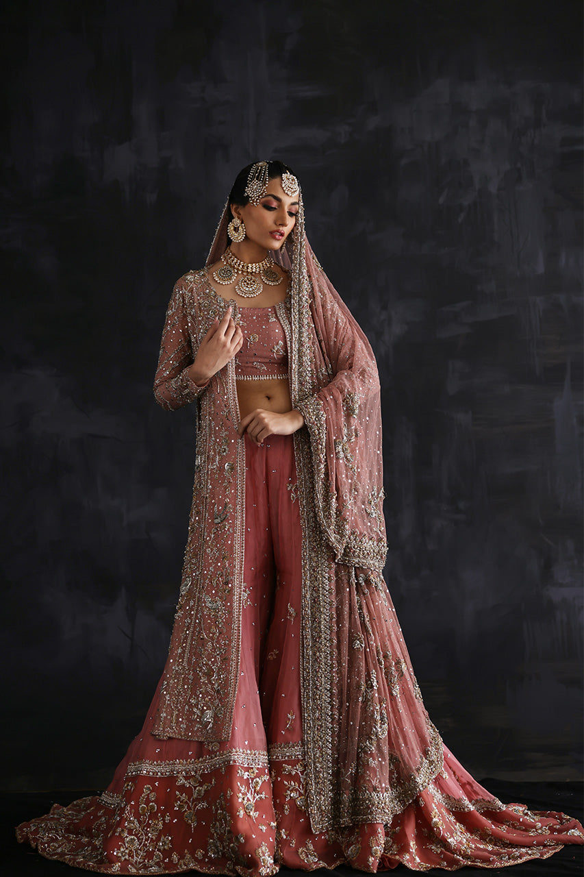 Pakistani Powder Pink Zardozi Tissue & Net Farshi Gharara (3-Piece) - Image 4
