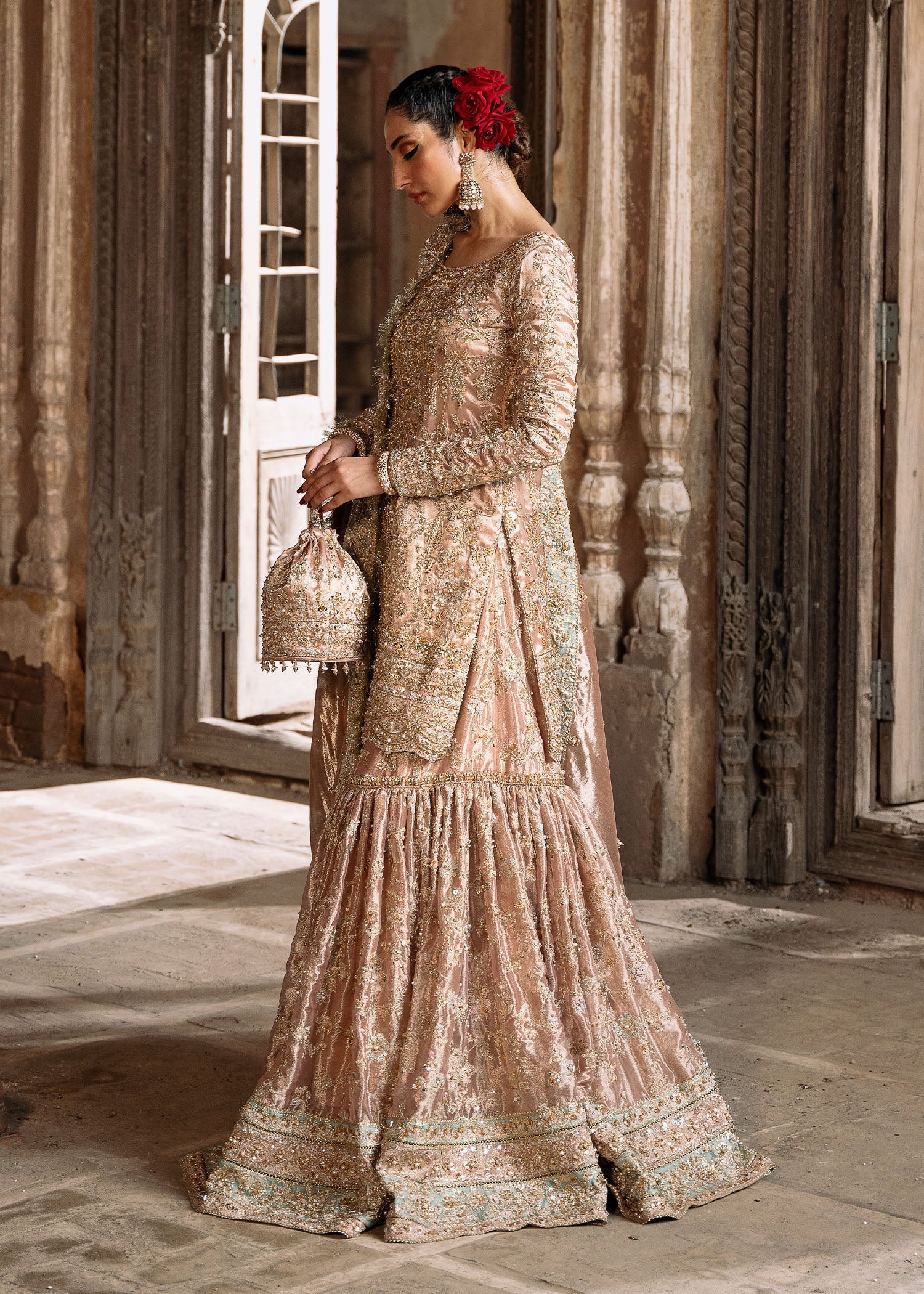 Blush Pink Pearl Sequin Tissue Gharara (3-Piece) - Image 3
