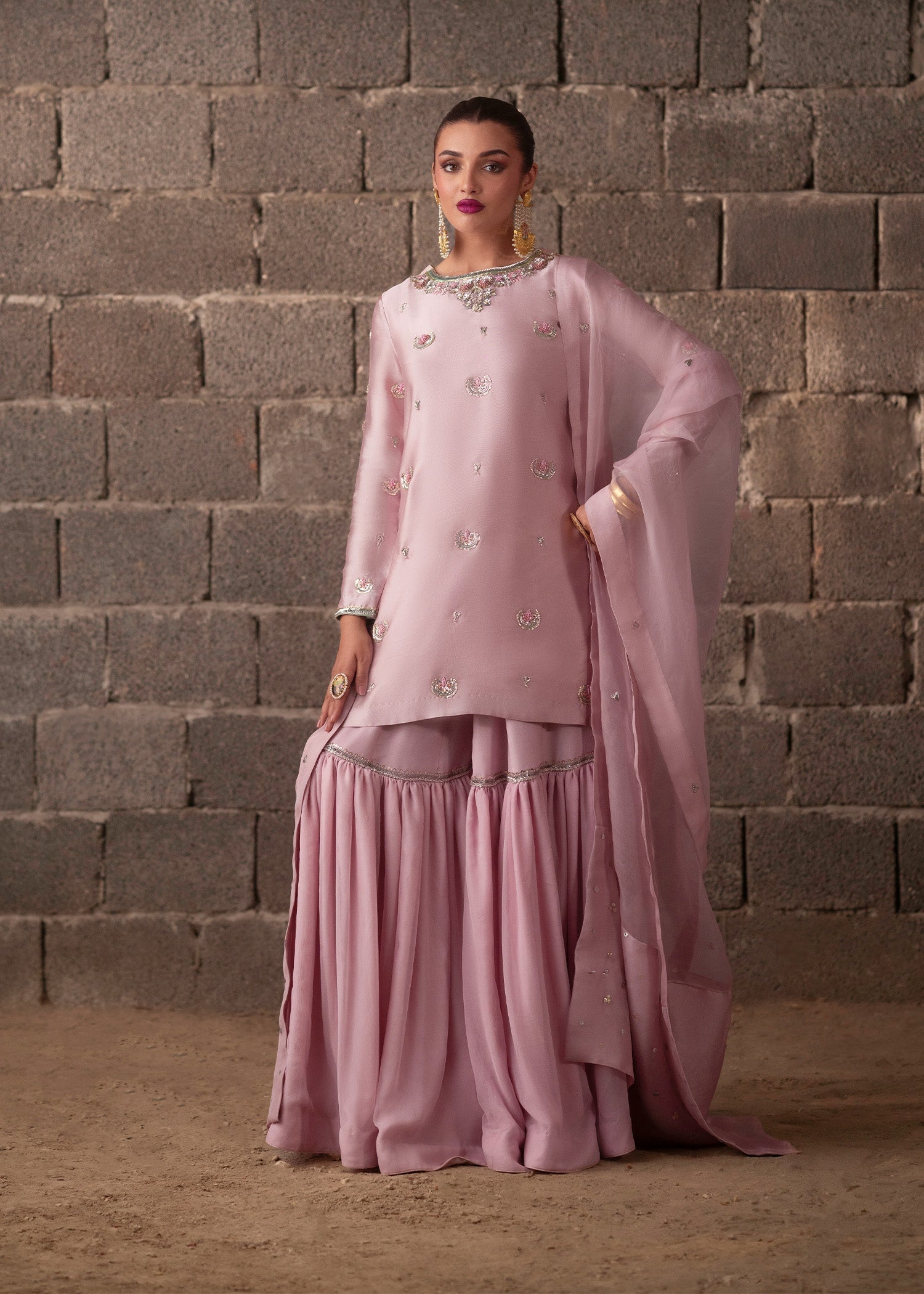 Pastel Pink Hand-Embellished Tissue Silk Gharara (3-Piece) - Image 1